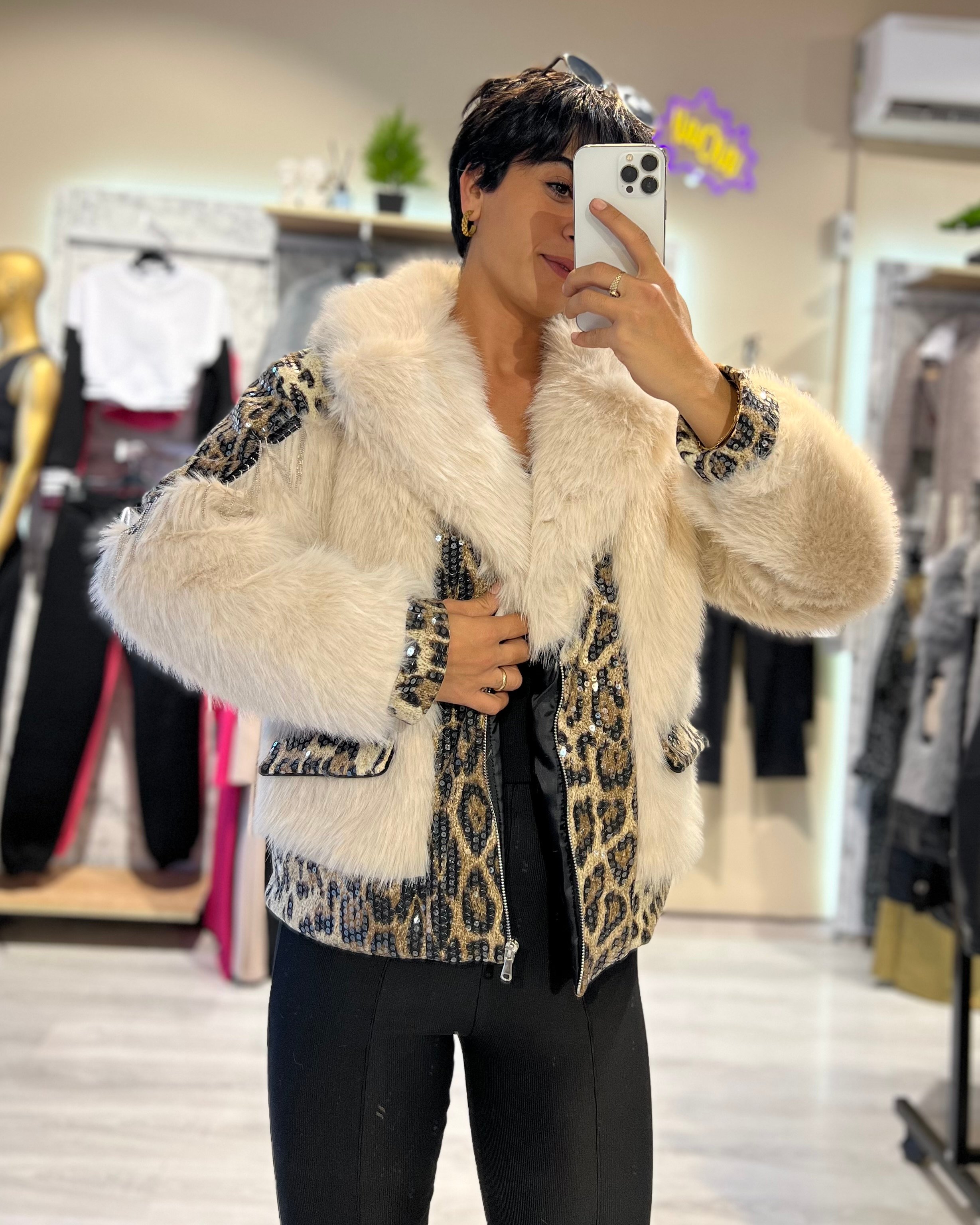 İthal Leopar Pul Payetli Kürklü Tasarım Mont