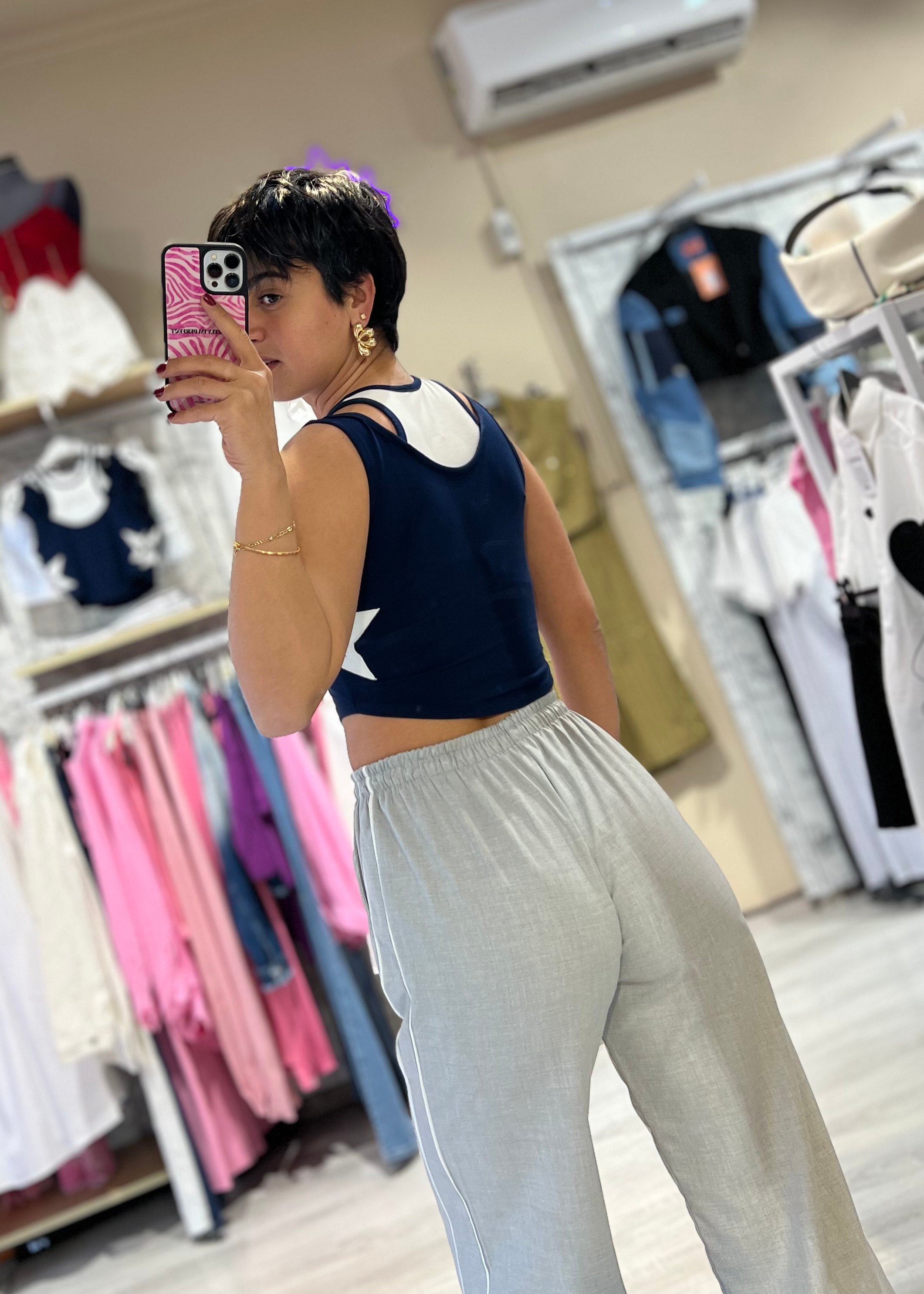 Lacivert Yıldız Desenli Crop Top