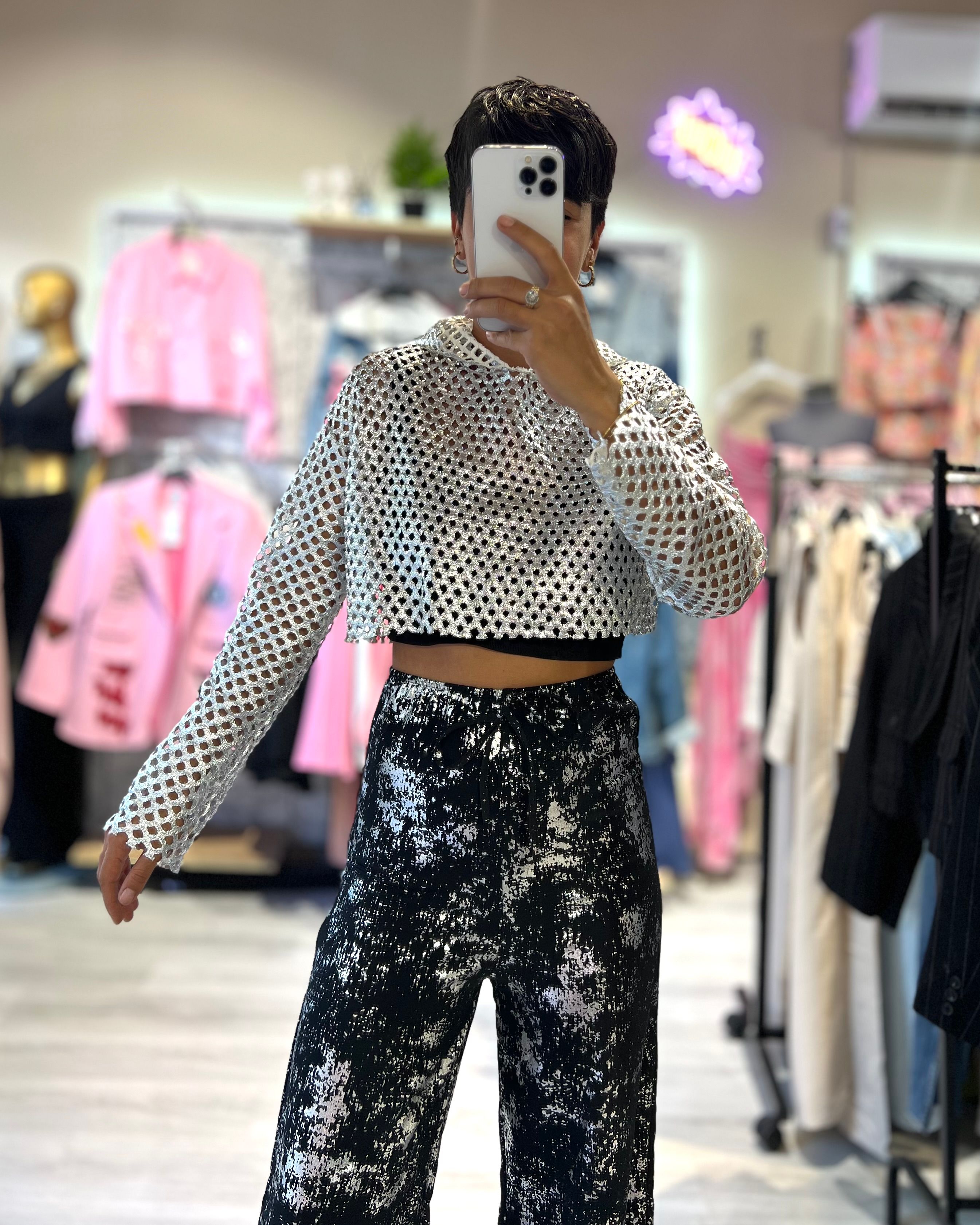 Silver Delikli Kapüşonlu Crop Sweatshirt