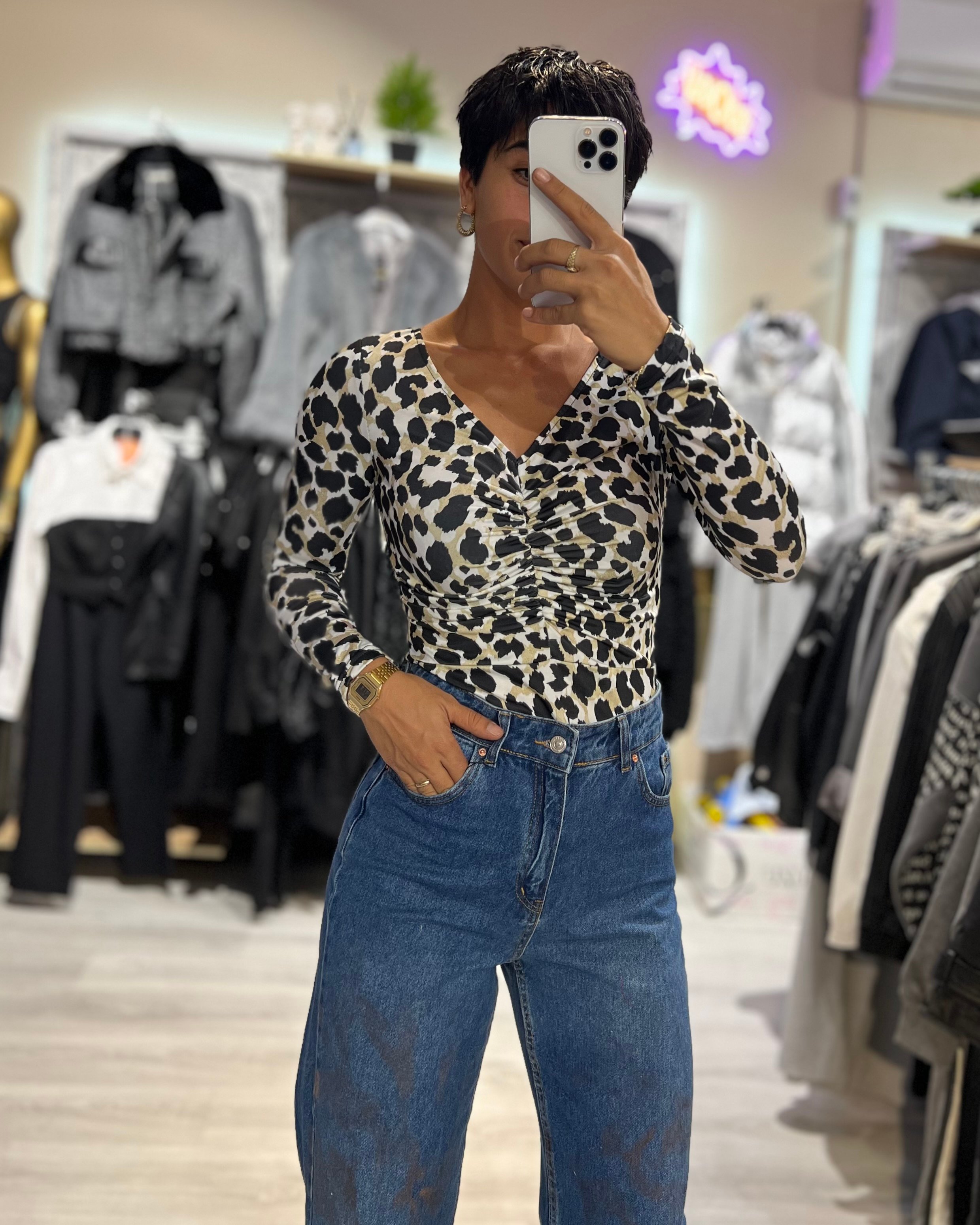 Sandy Leopar V Yaka Bodysuit - VİZON