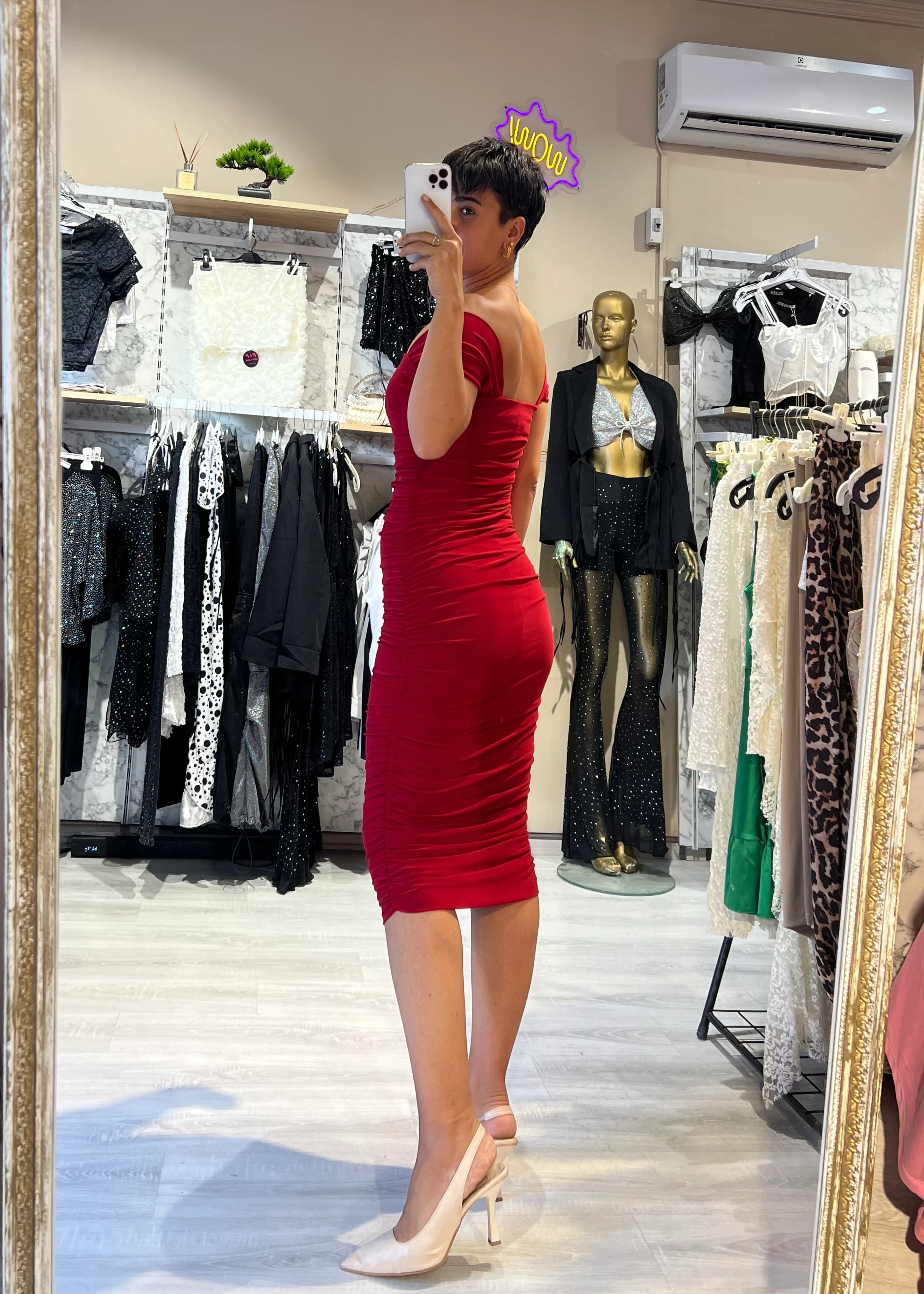 Sandy Kumaş Drapeli Elbise - KIRMIZI