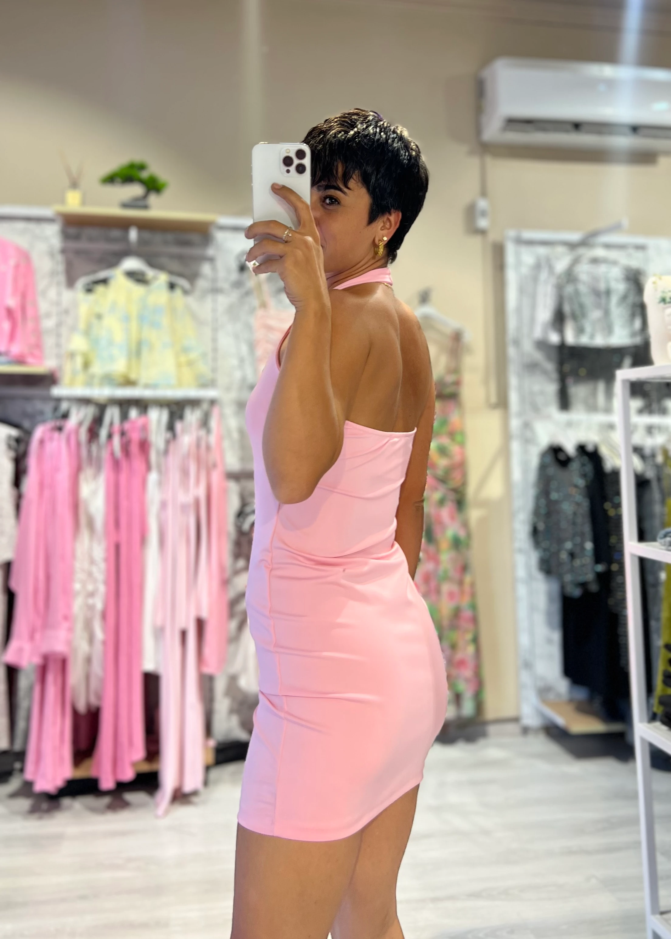 Sırt Dekolteli Dalgıç Kumaş Elbise - PEMBE