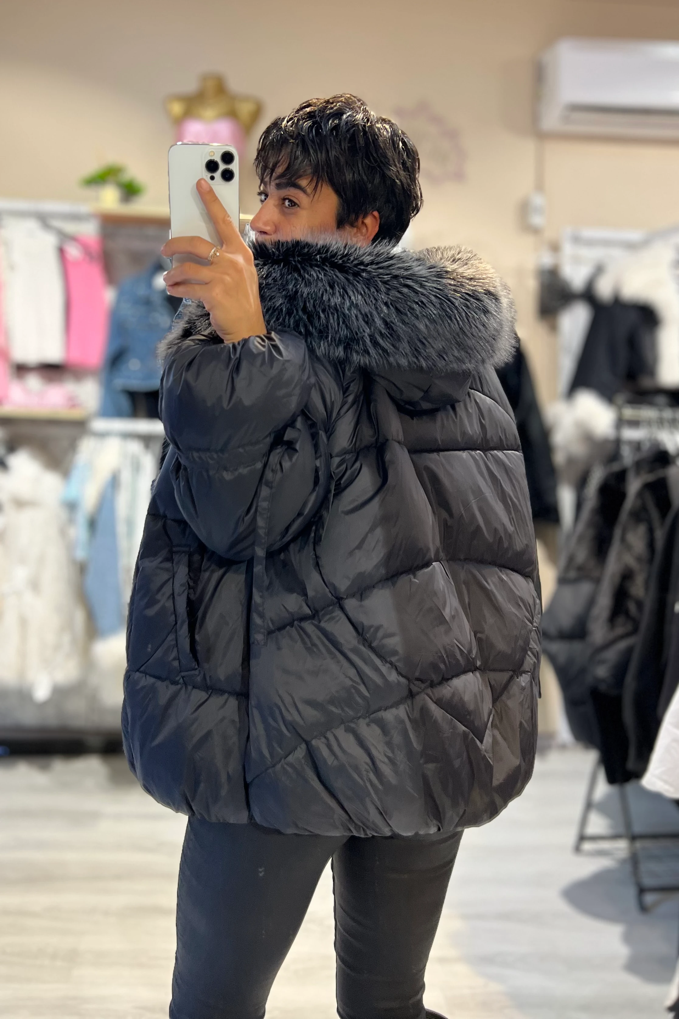 Kürk Yakası Çıkabilen Balon Kol Şişme Mont 