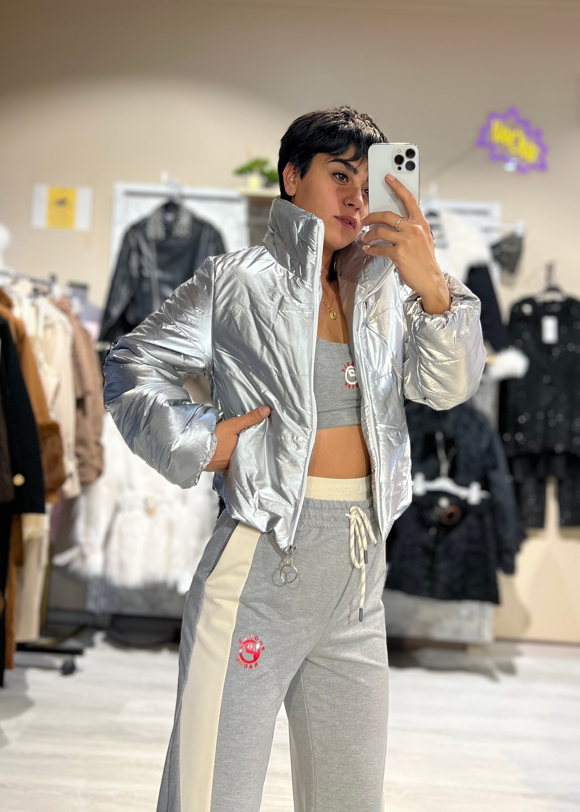 Metalik Gri Crop Şişme Mont 