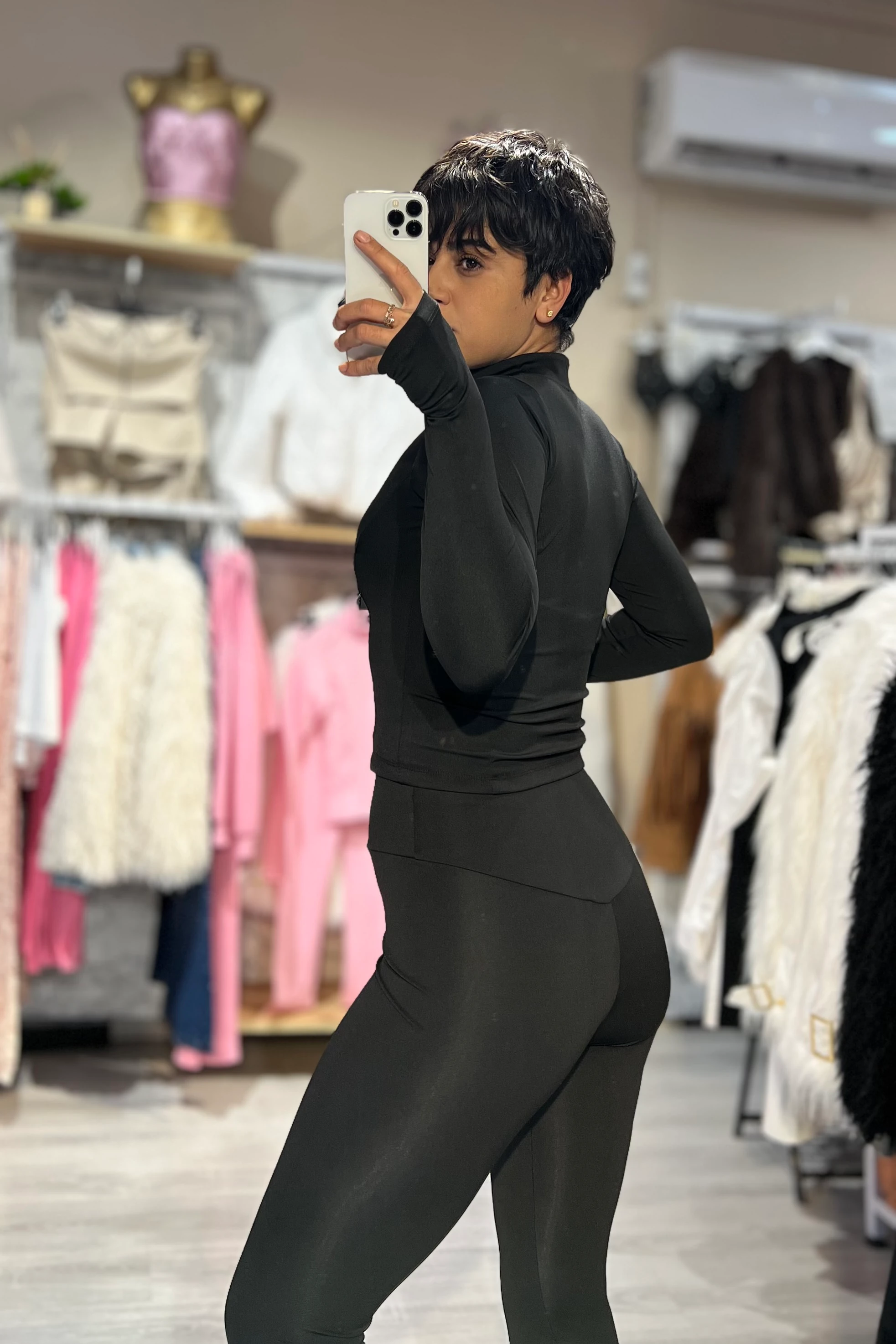 LunaForm Fermuarlı Parmak Geçmeli Sweathirt Tayt Takım  - SİYAH