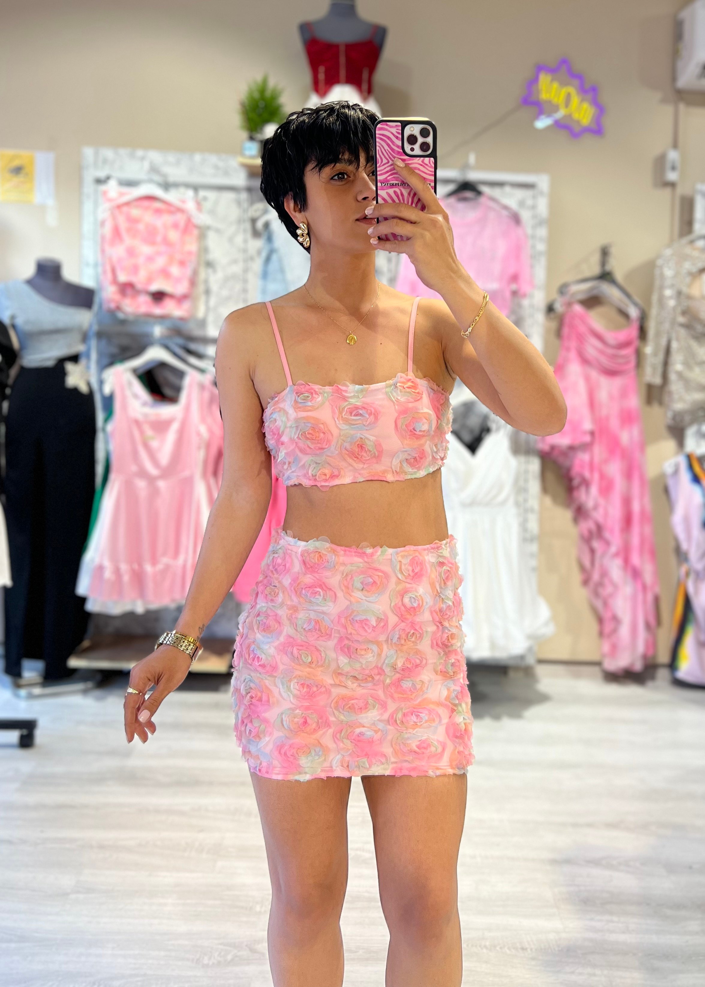 Tasarım Tül Çiçekli Crop Top & Etek Takım - TOZ PEMBE