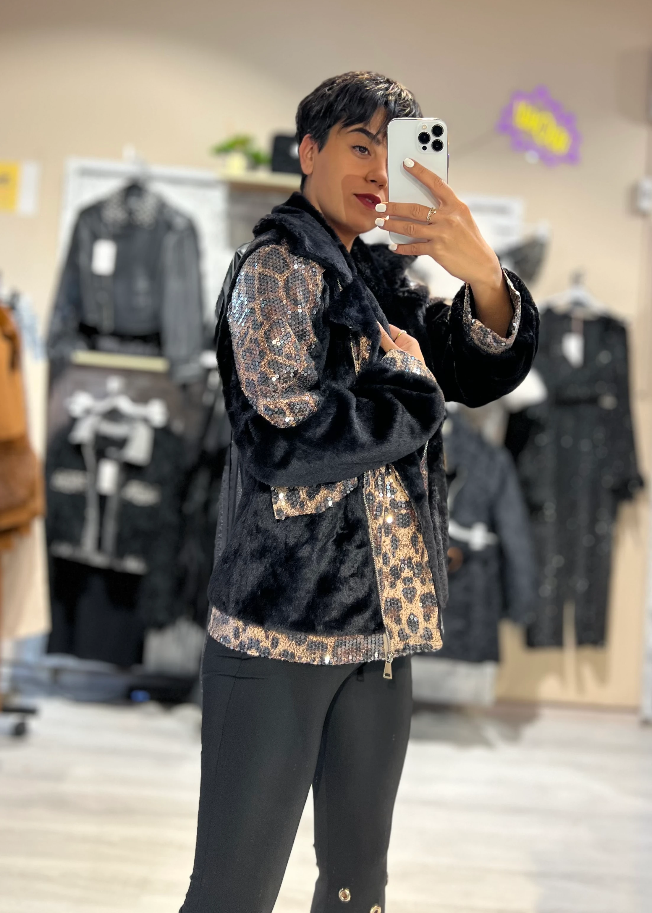 PulPayet Leopar Desenli Peluş Mont 