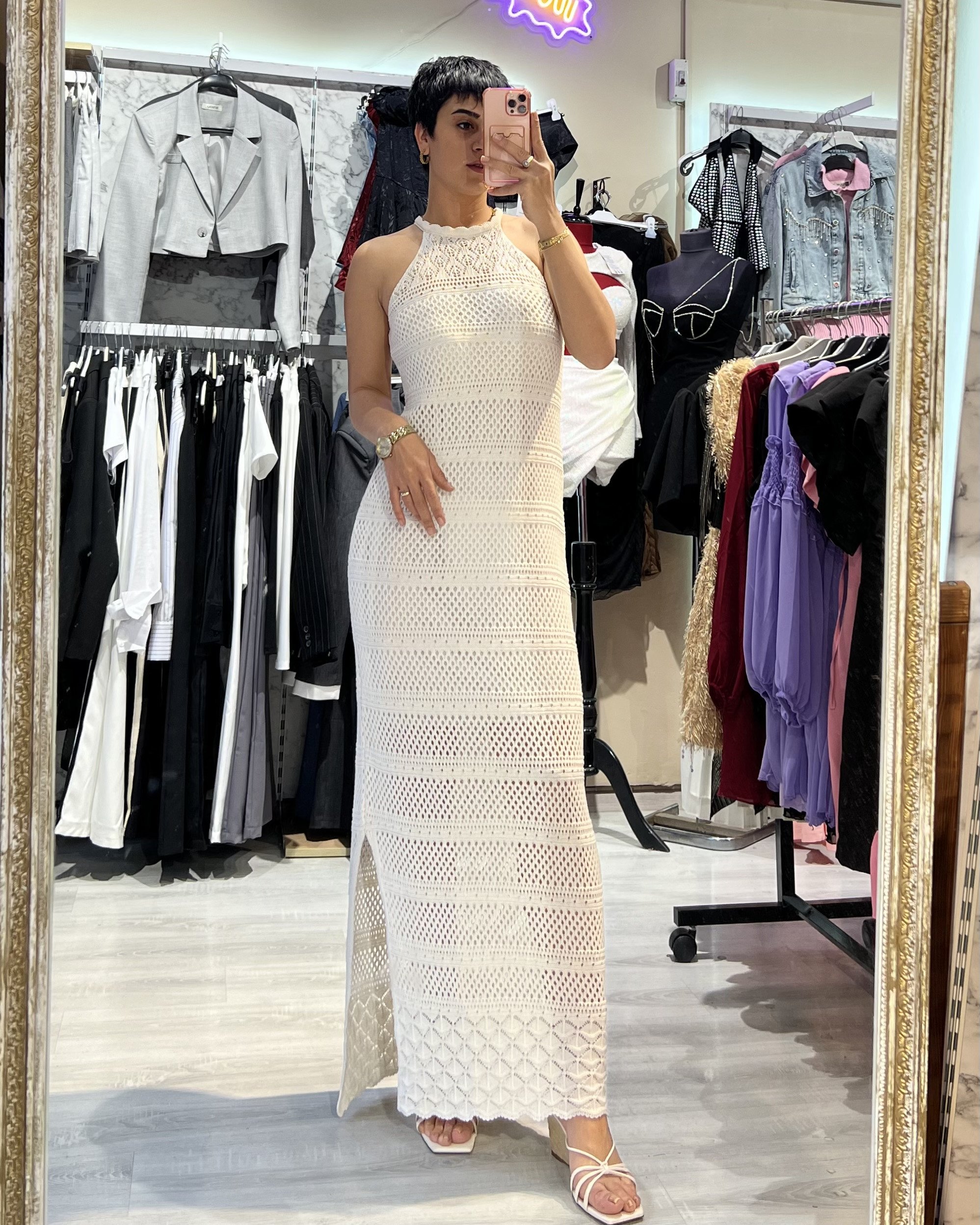 Ekru Halter Yaka Örme Uzun Elbise