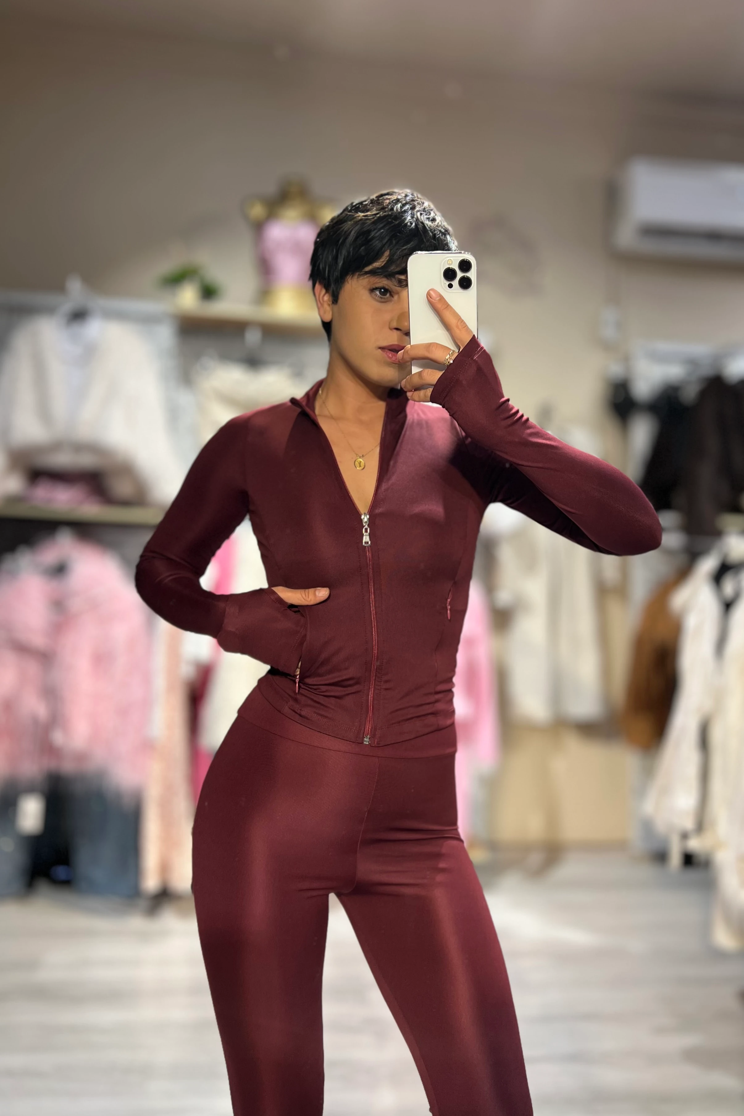 LunaForm Fermuarlı Parmak Geçmeli Sweathirt Tayt Takım  - BORDO