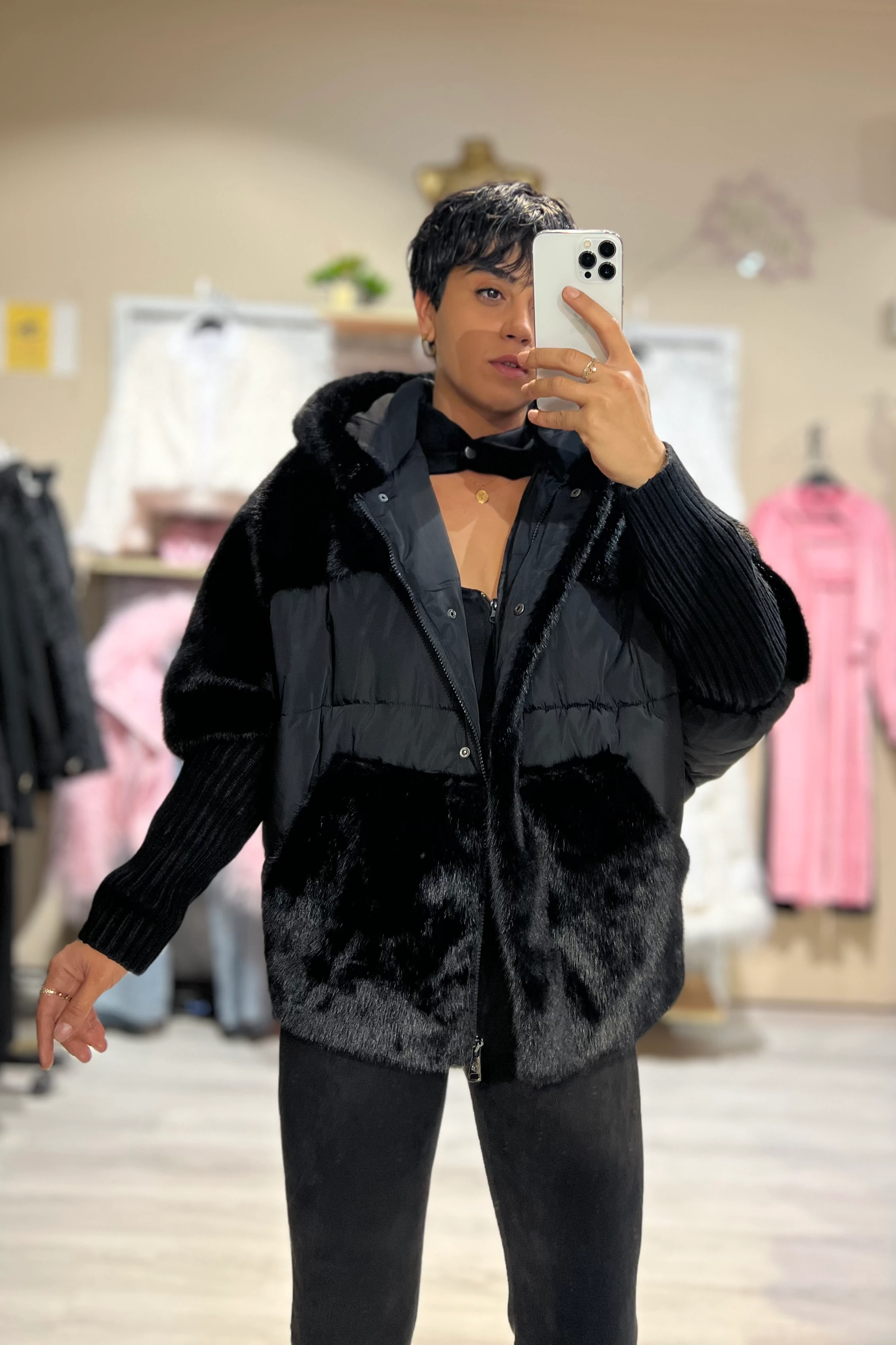 Özel Tasarım İthal Kürklü Yarasa Kol Şişme Mont