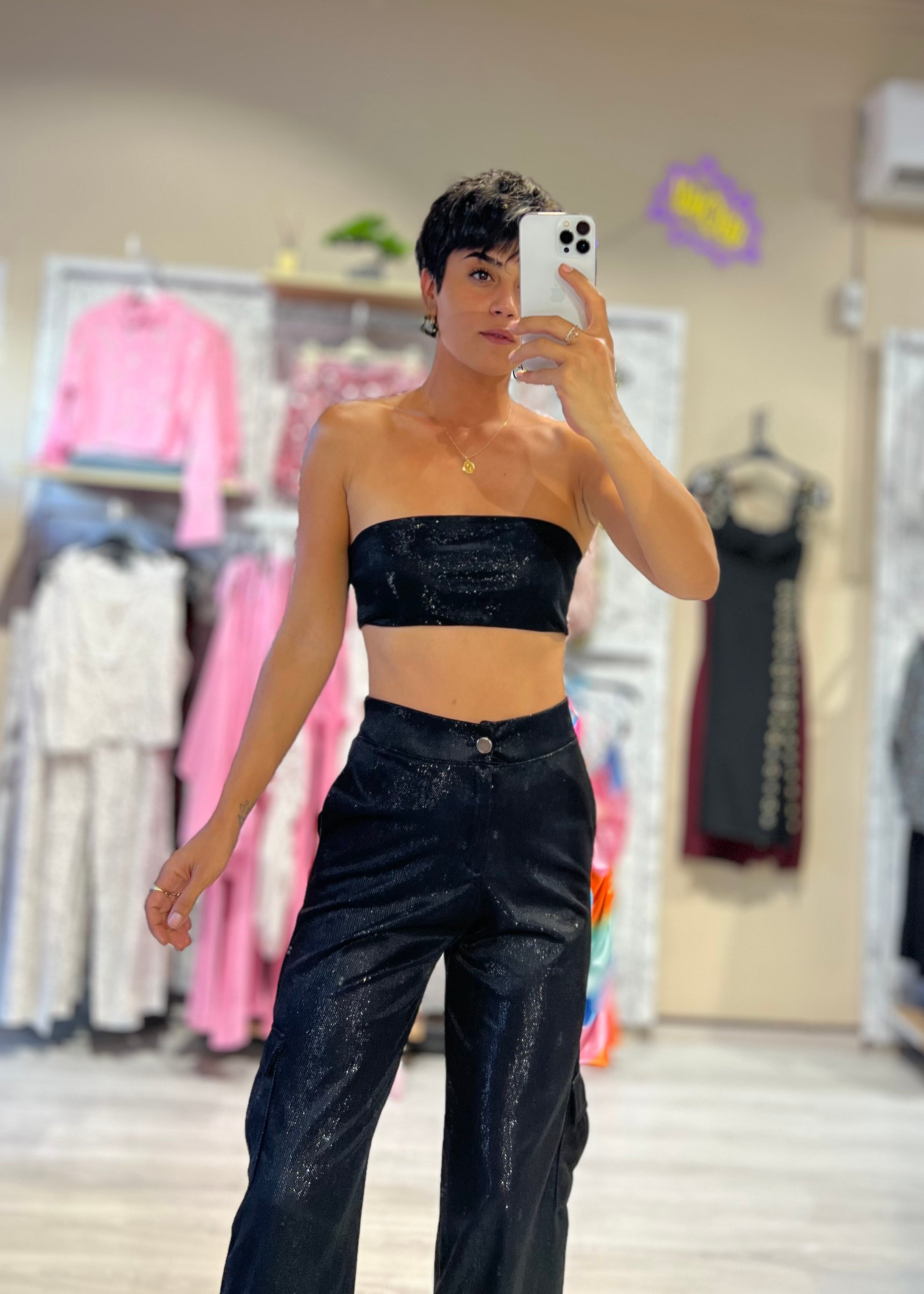 Parka Işıltılı Tasarım Crop Top & Pantolon Takım