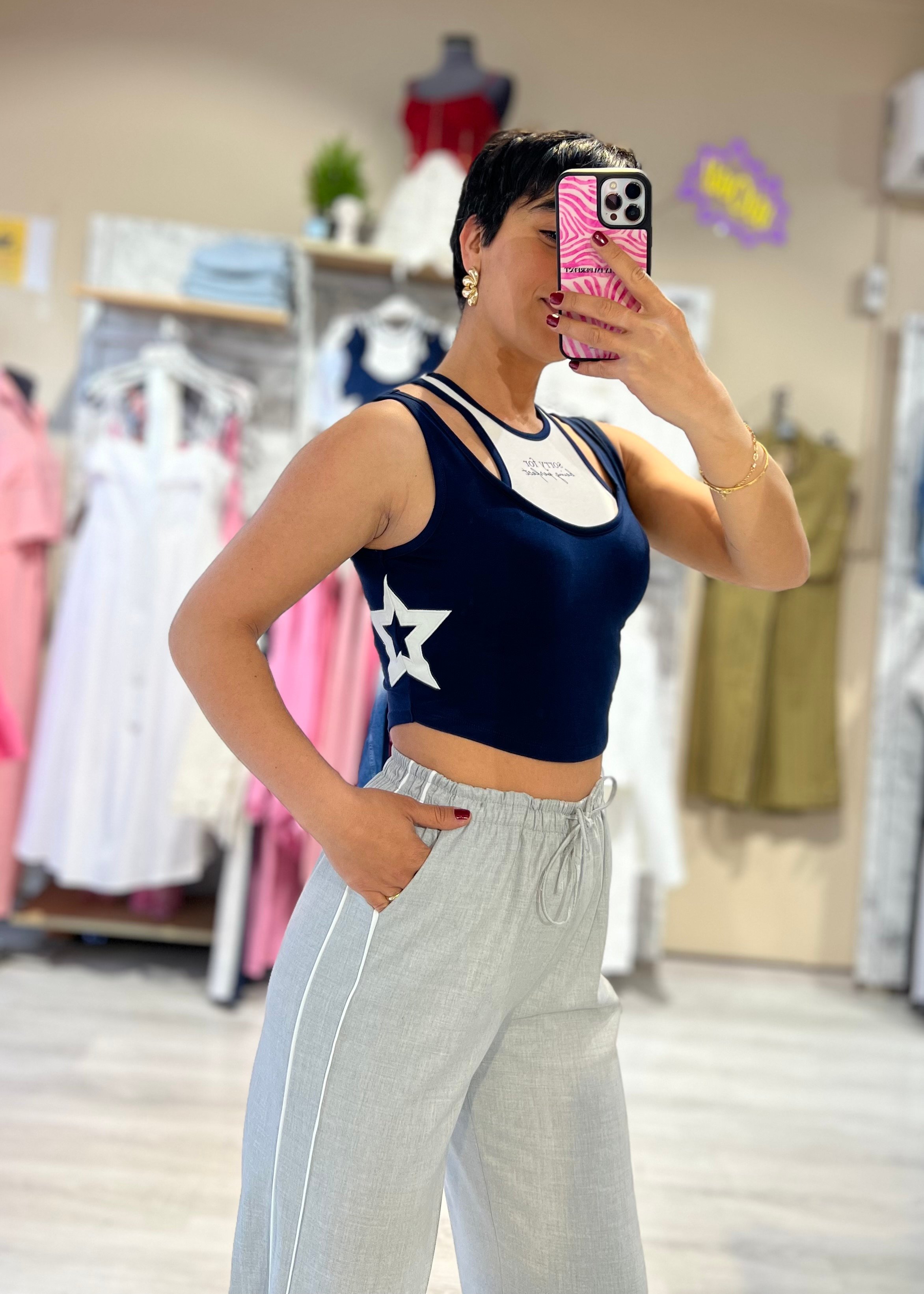 Lacivert Yıldız Desenli Crop Top