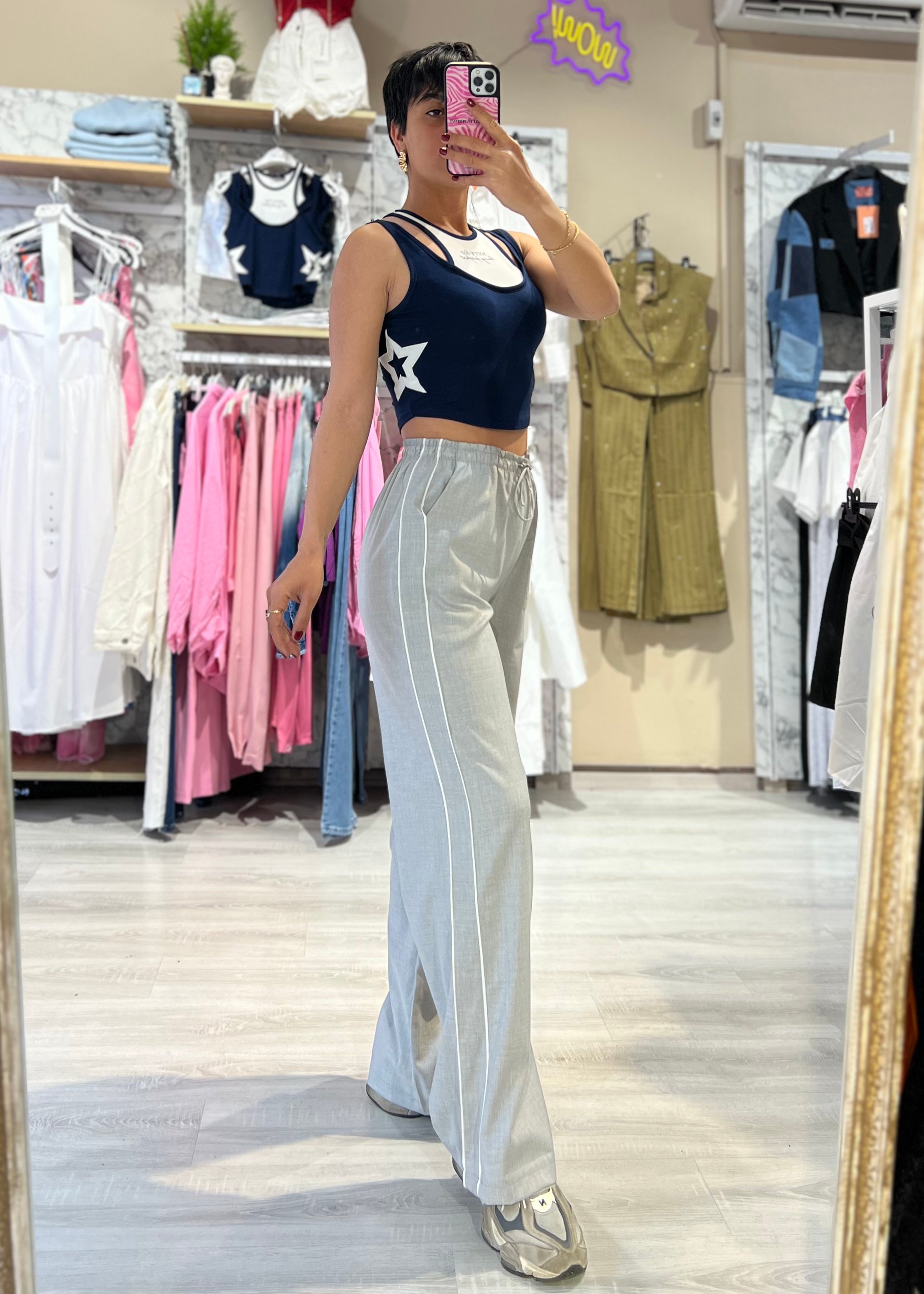 Lacivert Yıldız Desenli Crop Top