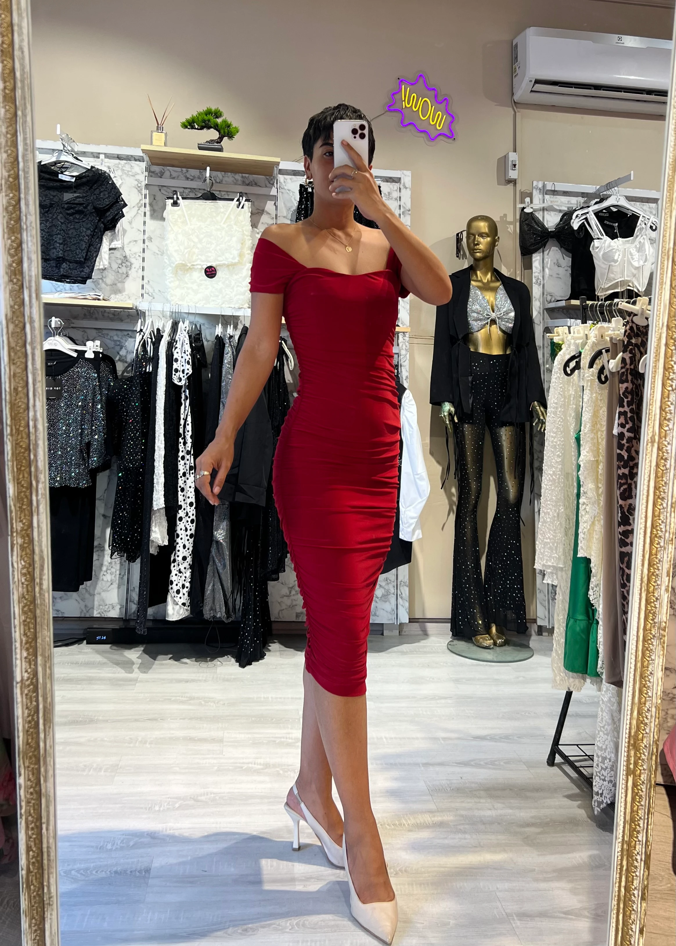 Sandy Kumaş Drapeli Elbise - KIRMIZI