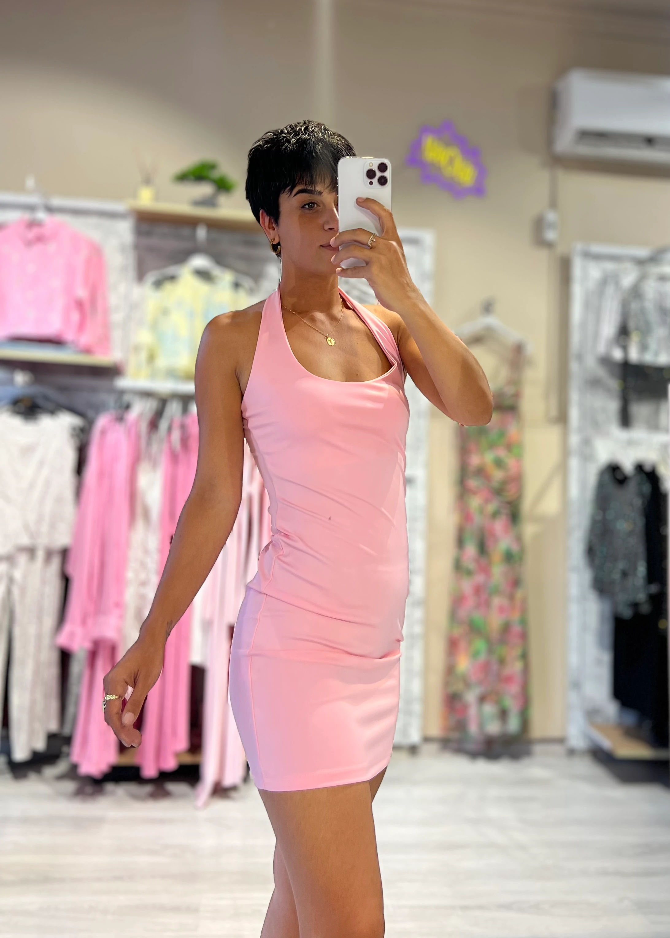 Sırt Dekolteli Dalgıç Kumaş Elbise - PEMBE