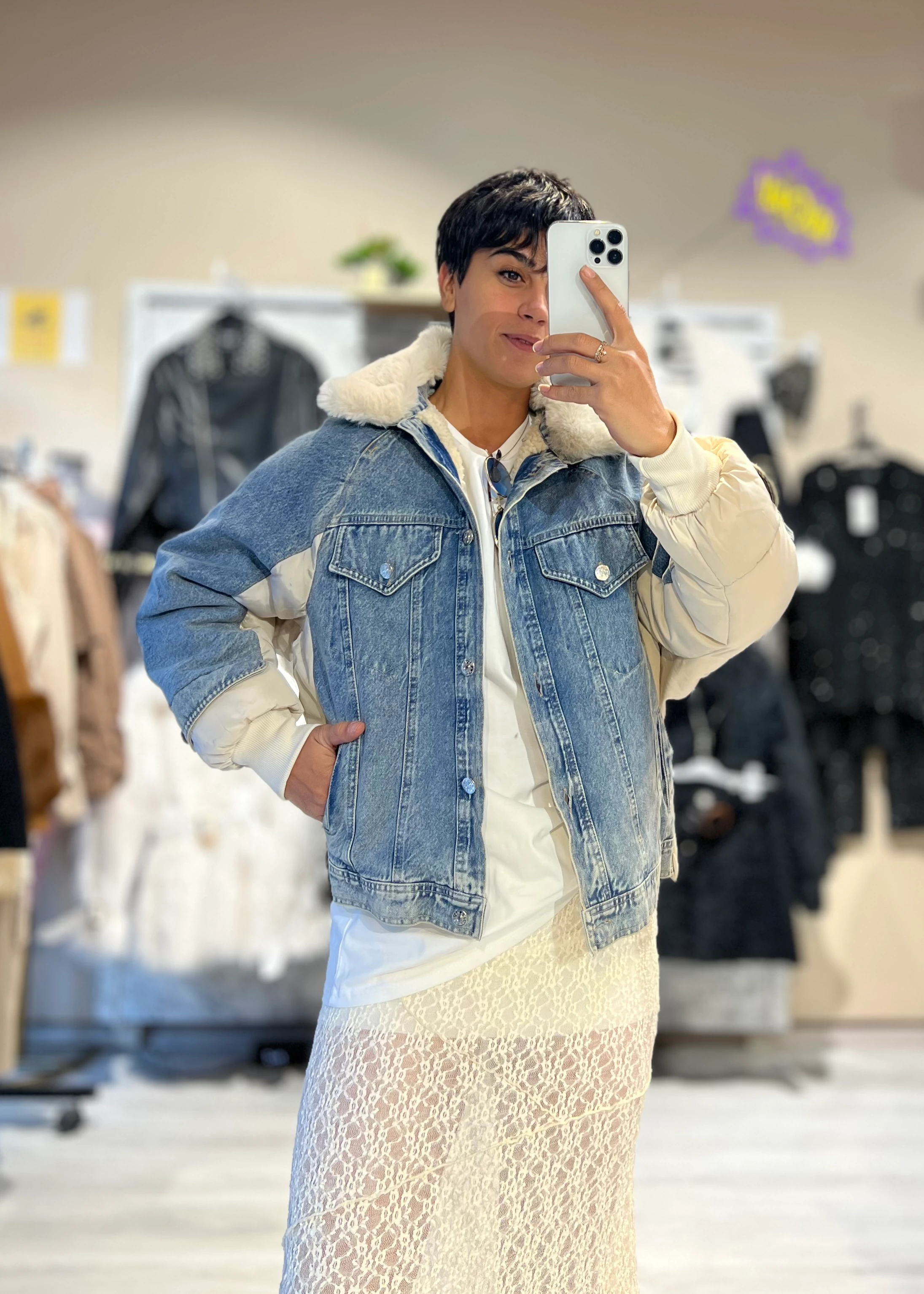 Özel Tasarım Denim Detaylı Şişme Mont