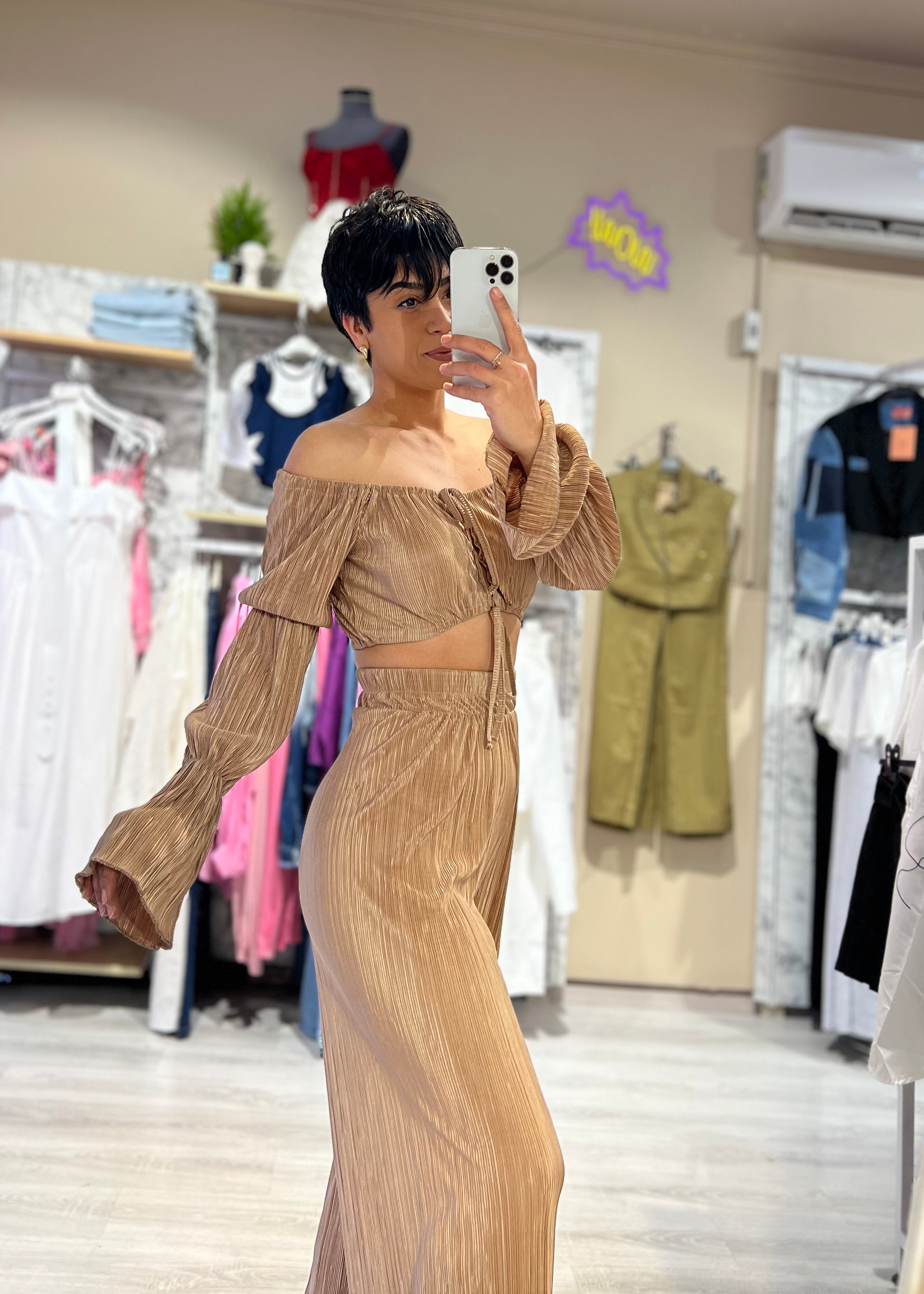 Plise Kumaş Çift Taraflı Bluz & Pantolon Takım