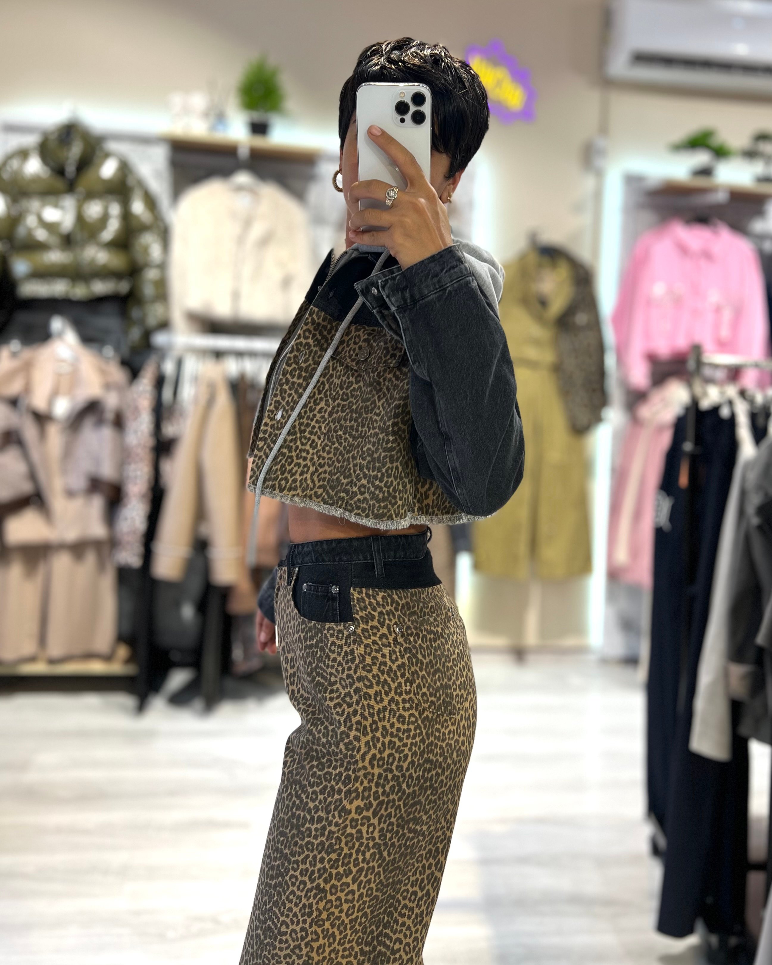 Leopar Kapüşonlu Denim Ceket