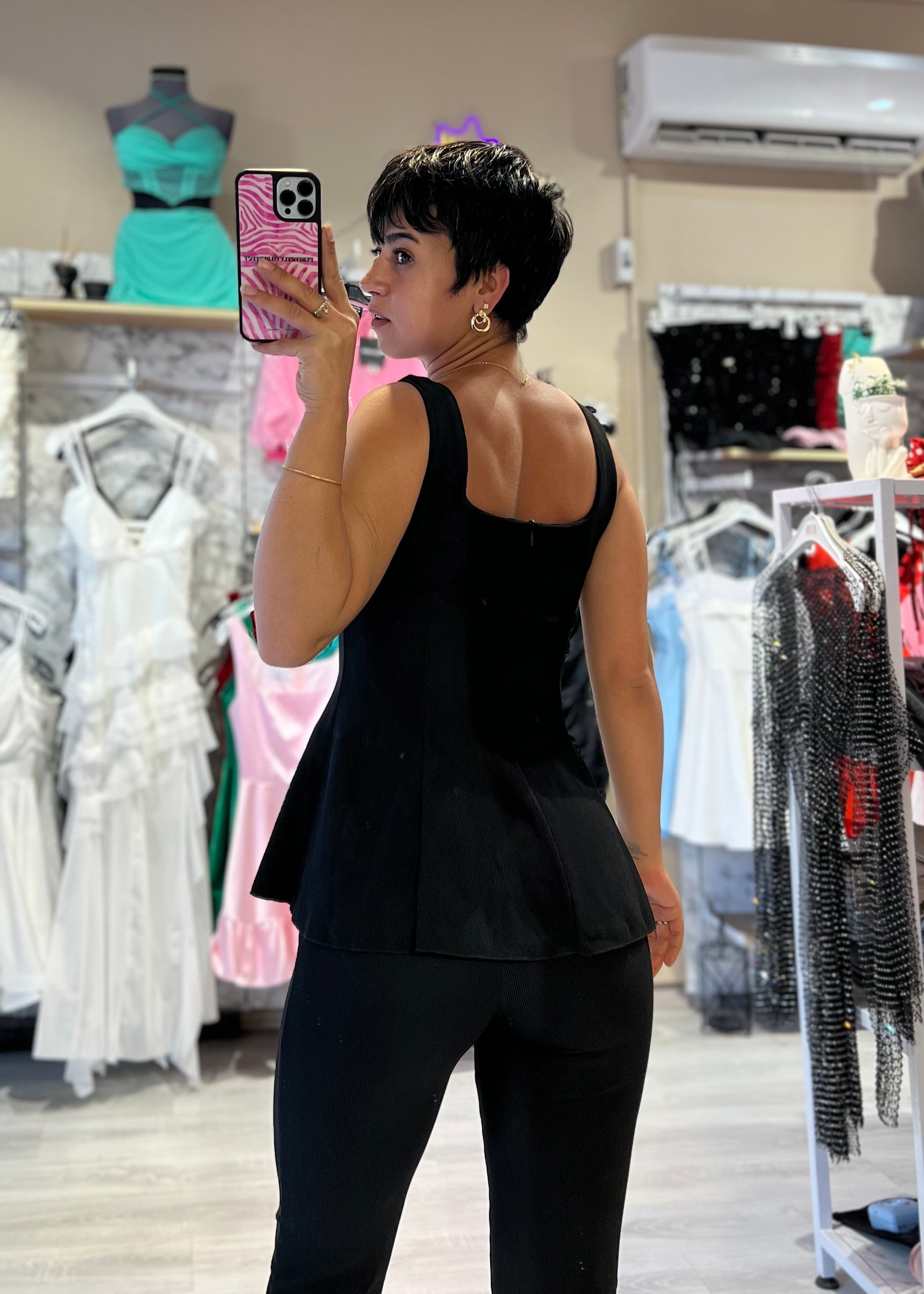 Kaşkorse Kumaş Aksesuarlı Bele Oturan Bluz & Pantolon Takım