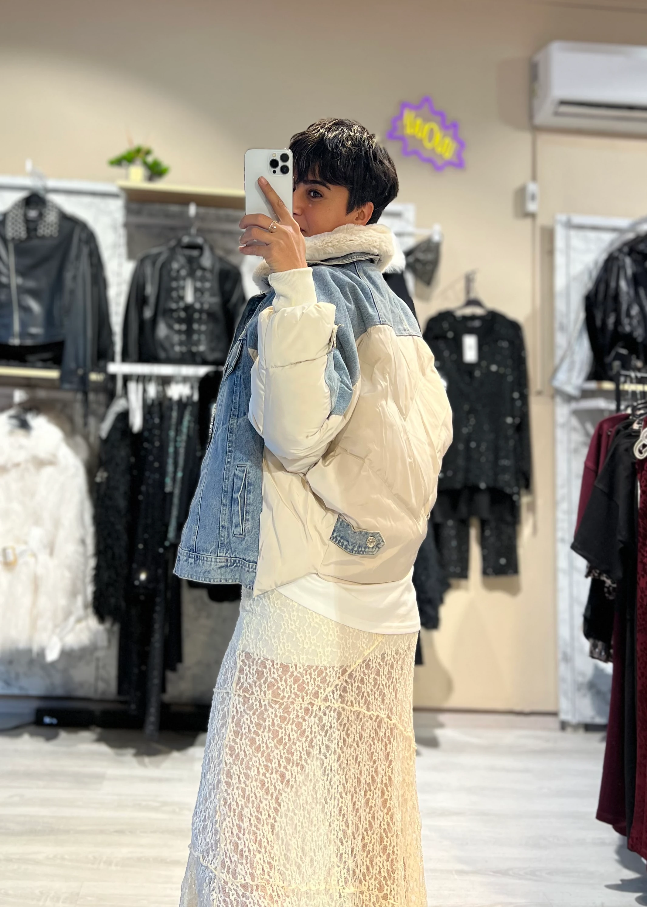 Özel Tasarım Denim Detaylı Şişme Mont