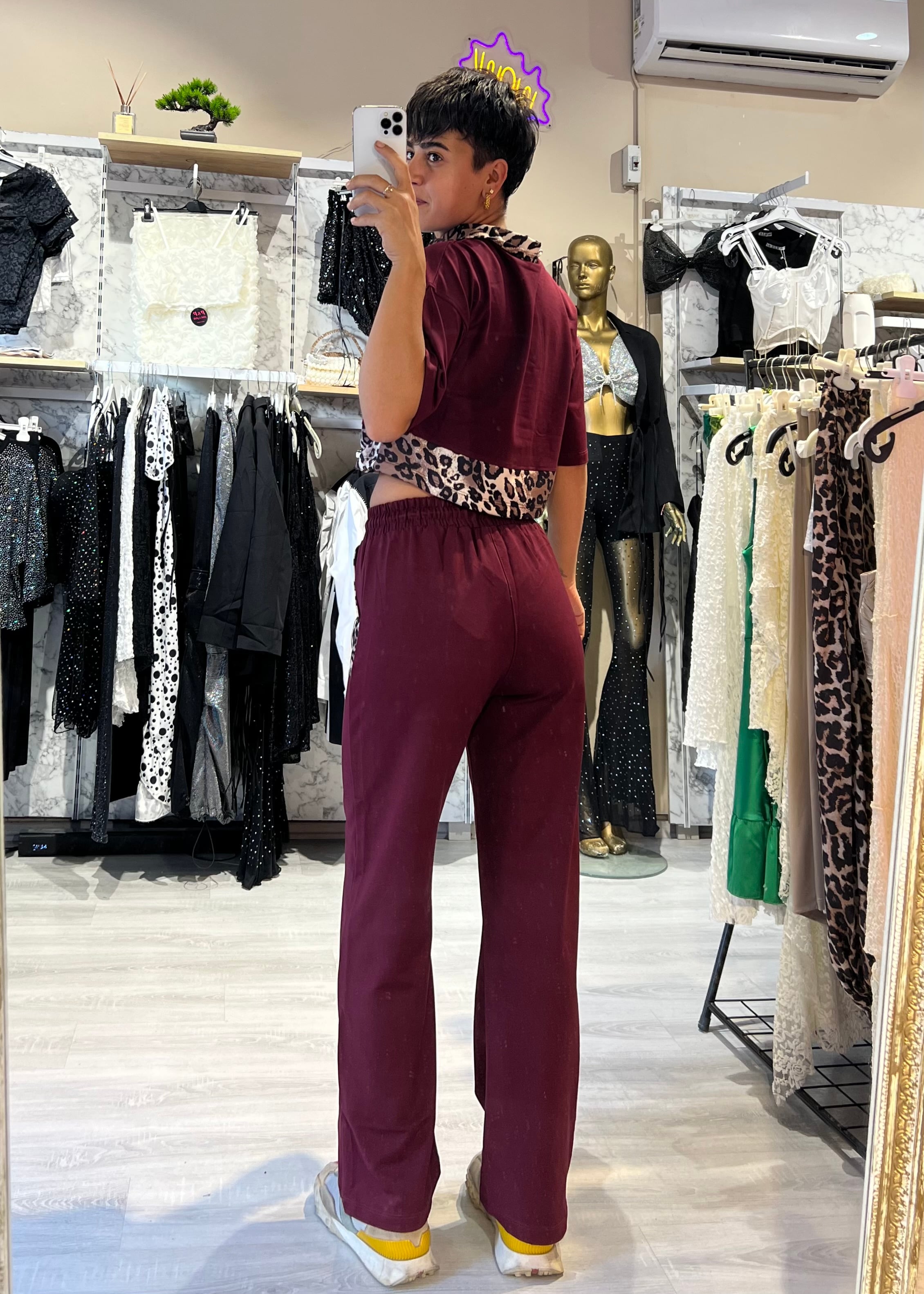 Bordo Leopar Detaylı 2'Li Eşofman Takımı