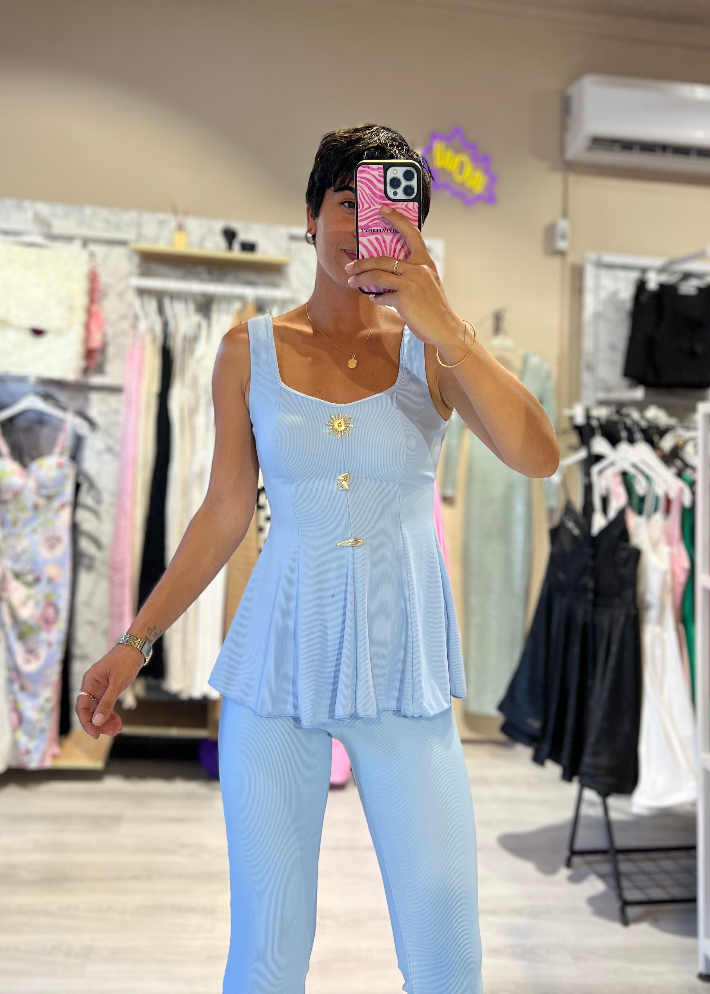 Kaşkorse Gold Aksesuarlı Bele Oturan Bluz - MAVİ