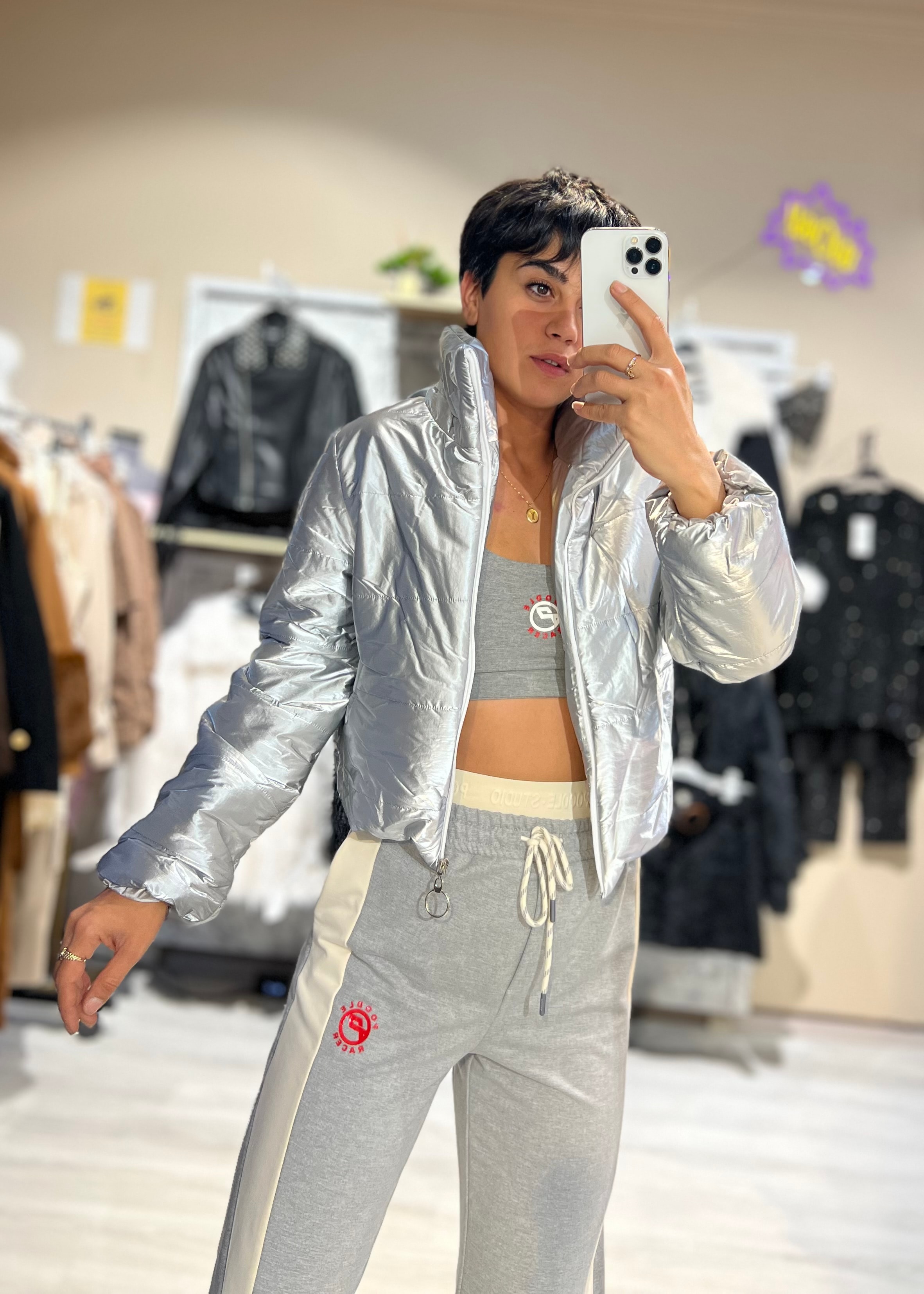 Metalik Gri Crop Şişme Mont 