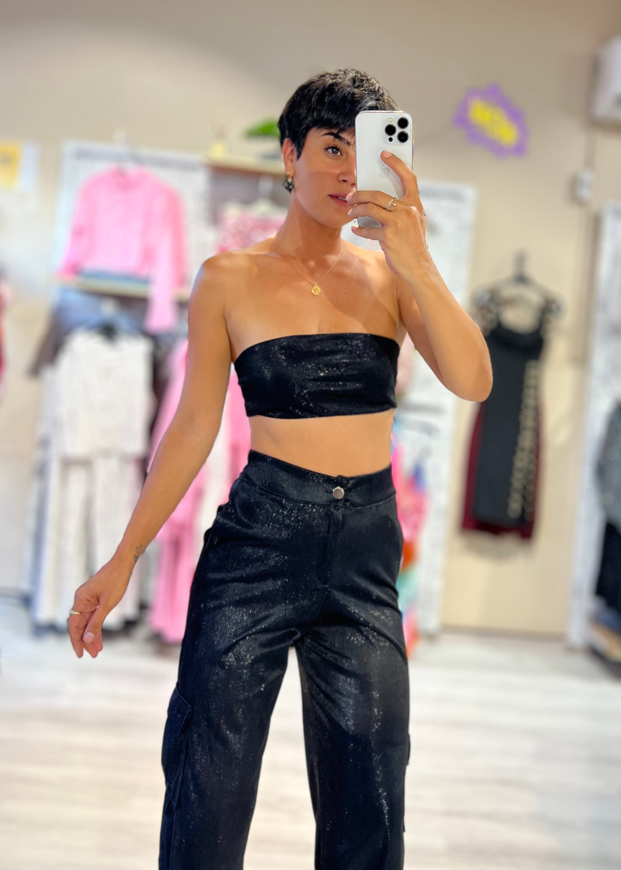 Parka Işıltılı Tasarım Crop Top & Pantolon Takım