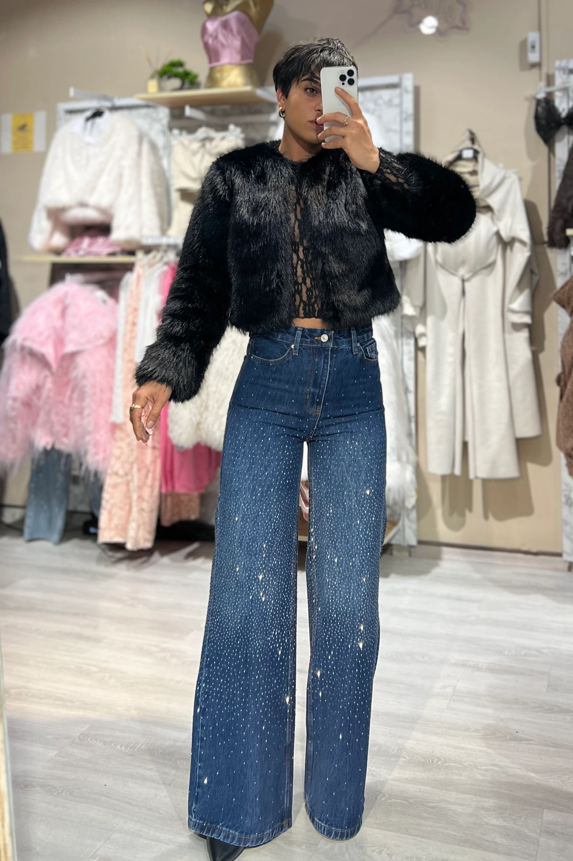 Mavi Ful Taşlı Palazzo Jean Pantolon 