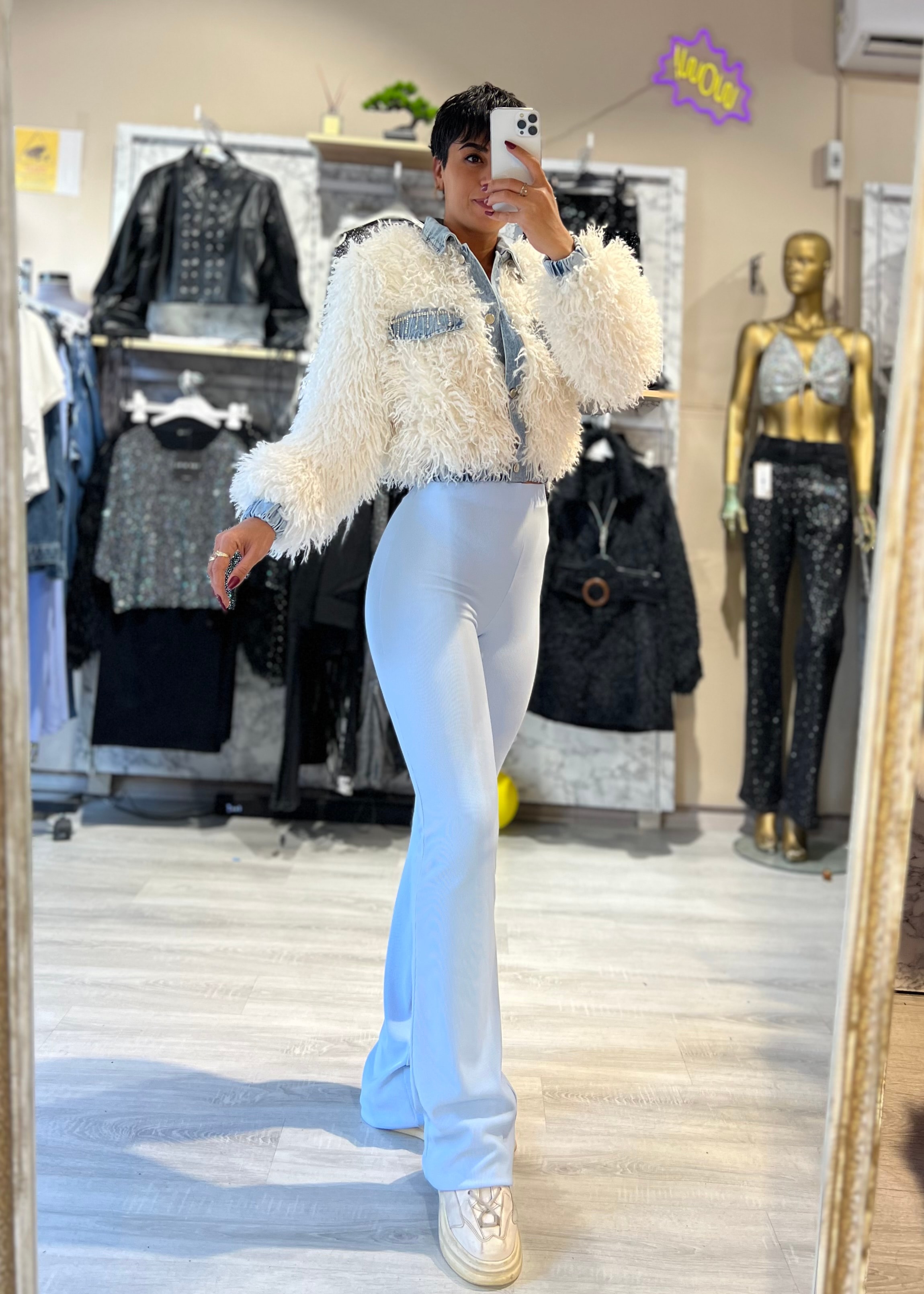 Premium Özel Tasarım Taş Detaylı Denim Garnili Süni Kürk Mont