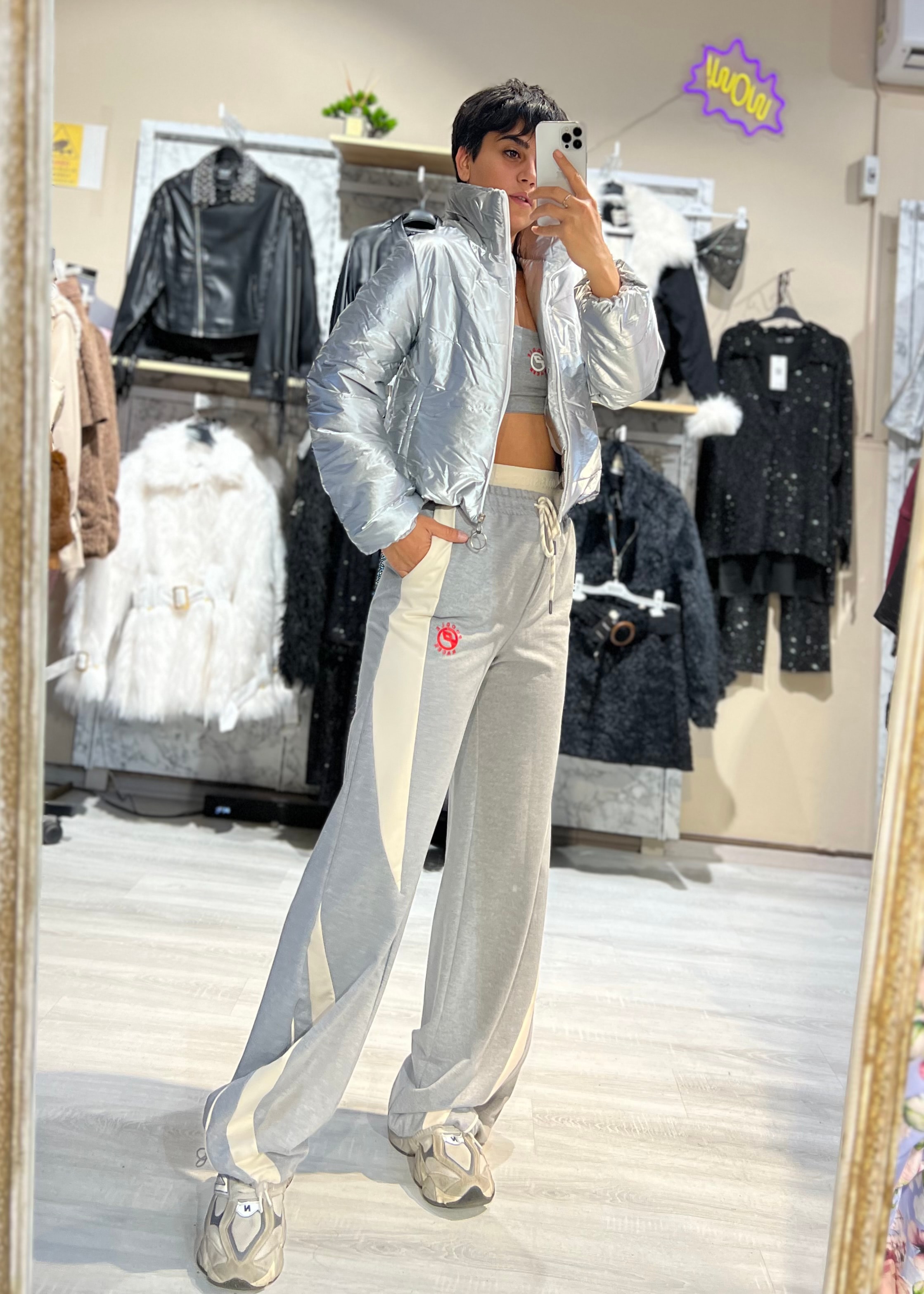 Metalik Gri Crop Şişme Mont 