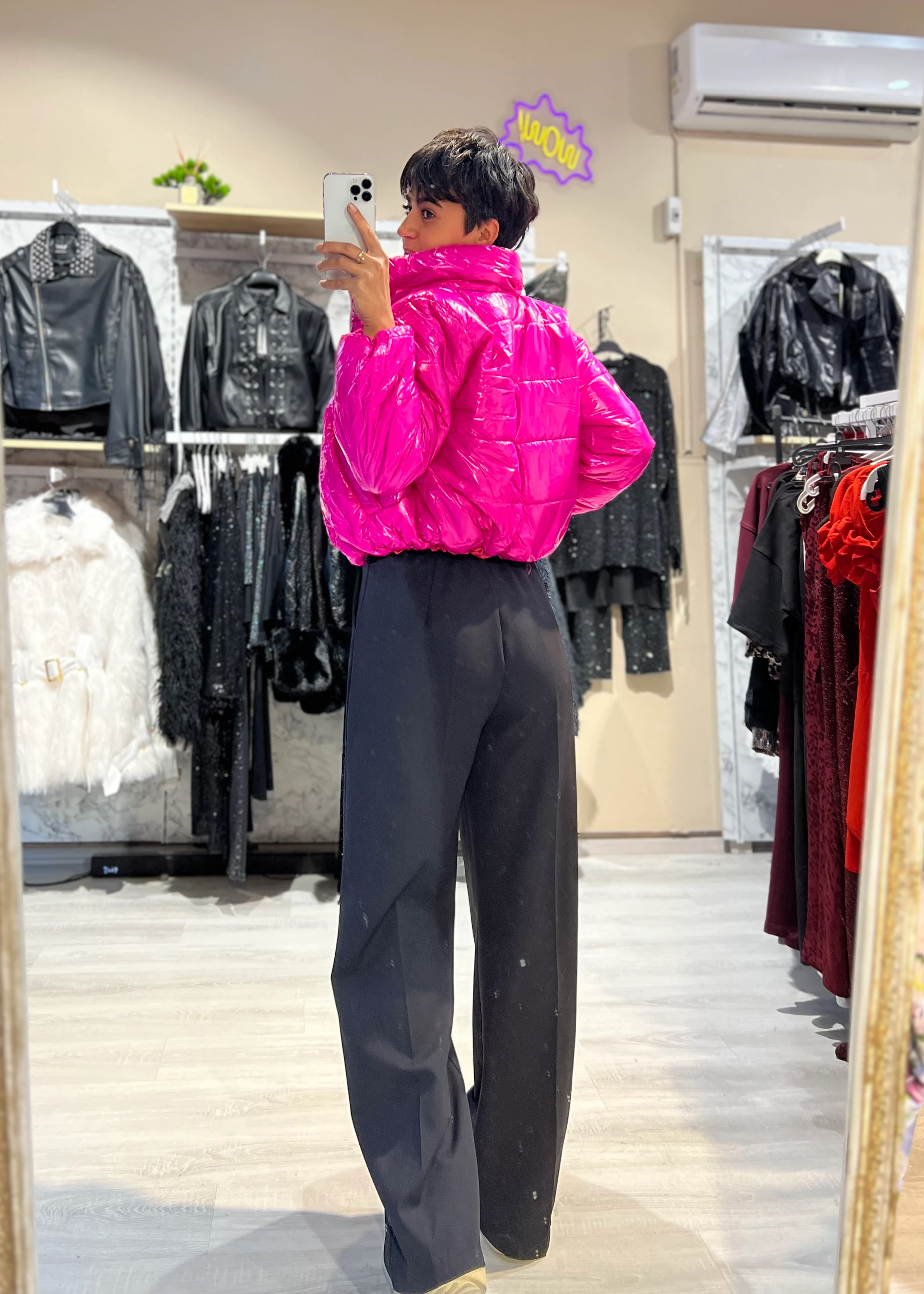 Parlak Dik Yaka Crop Şişme Mont - PEMBE