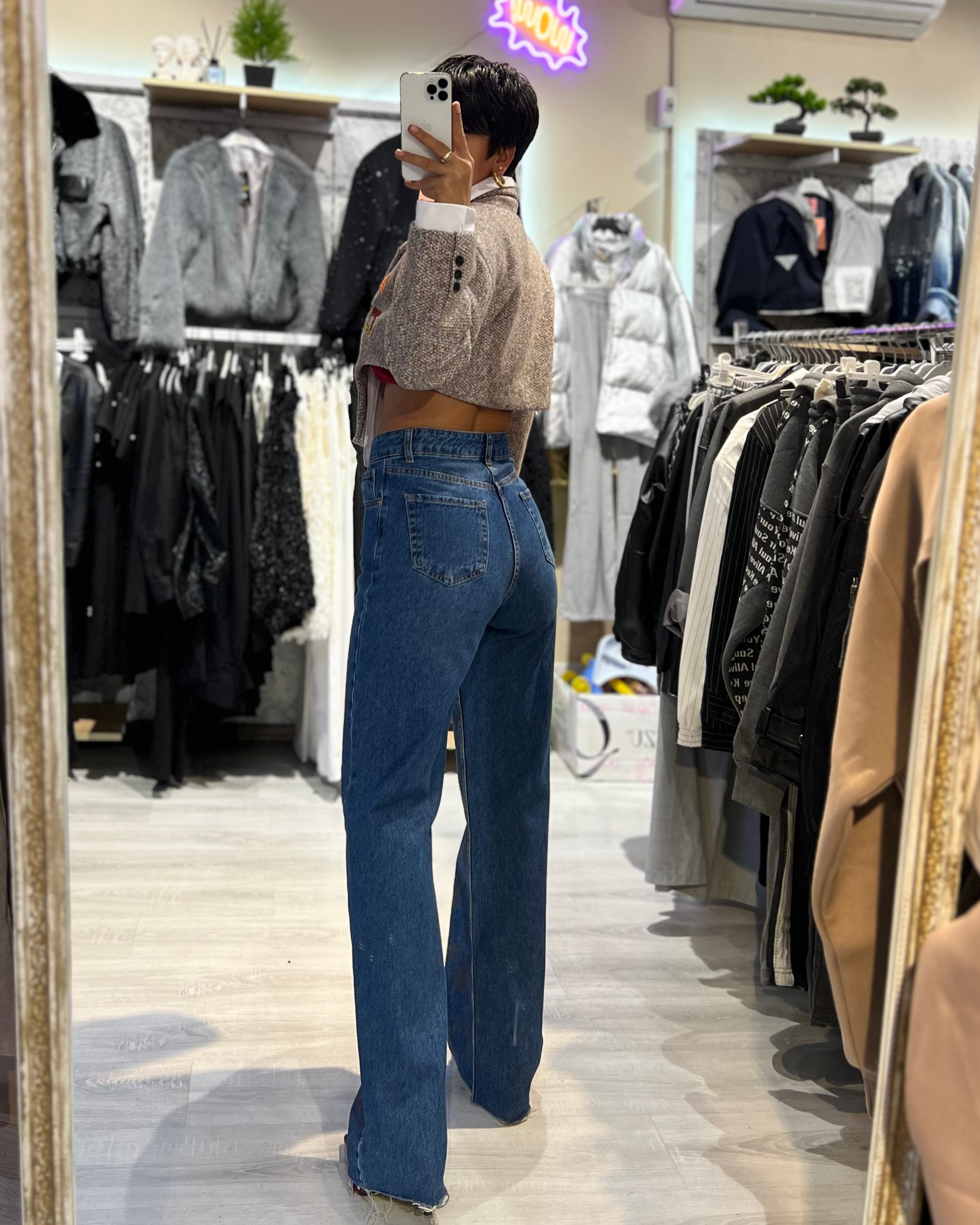 Kahverengi Yaldızlı Wide Leg Jean Pantolon