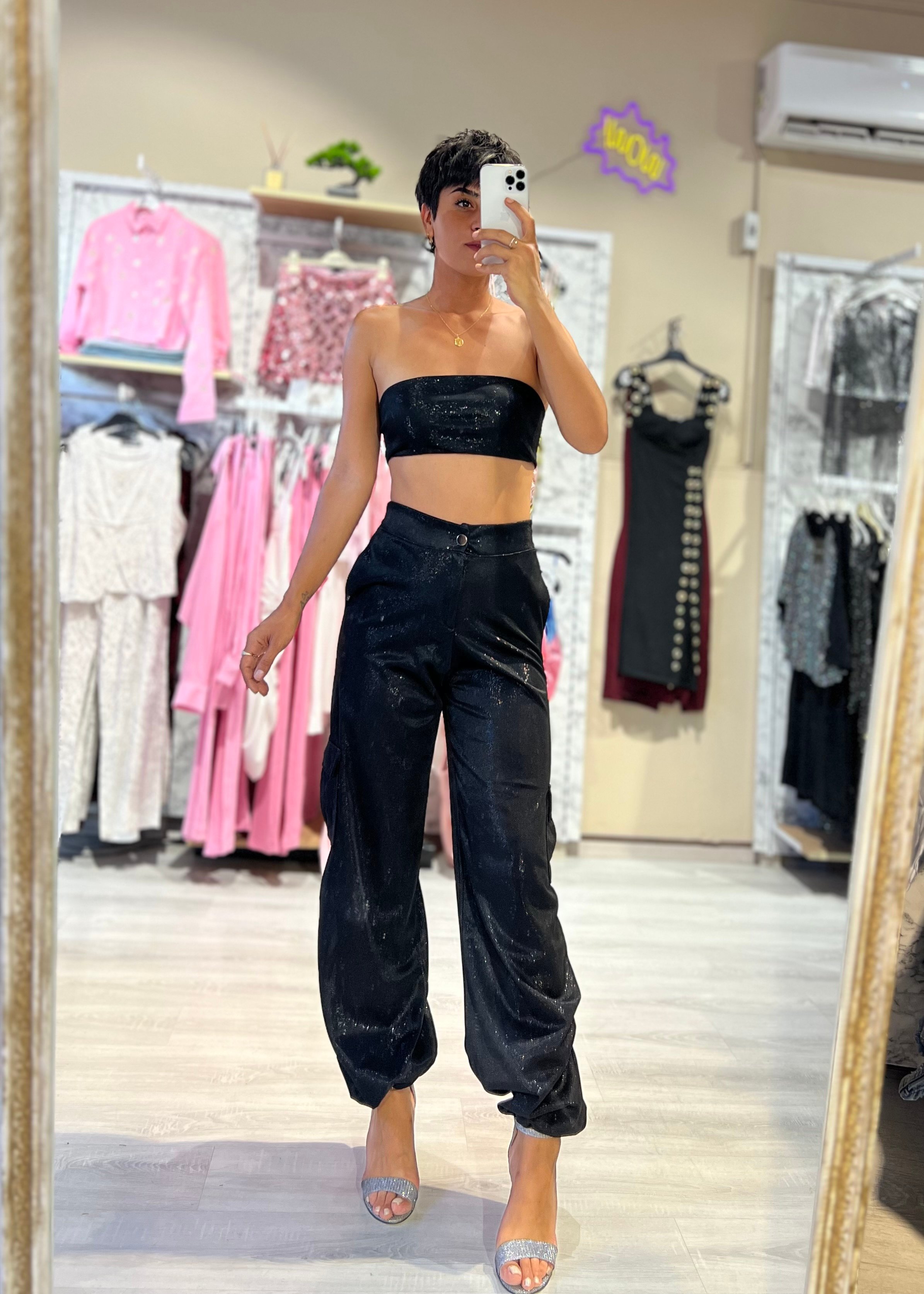 Parka Işıltılı Tasarım Crop Top & Pantolon Takım