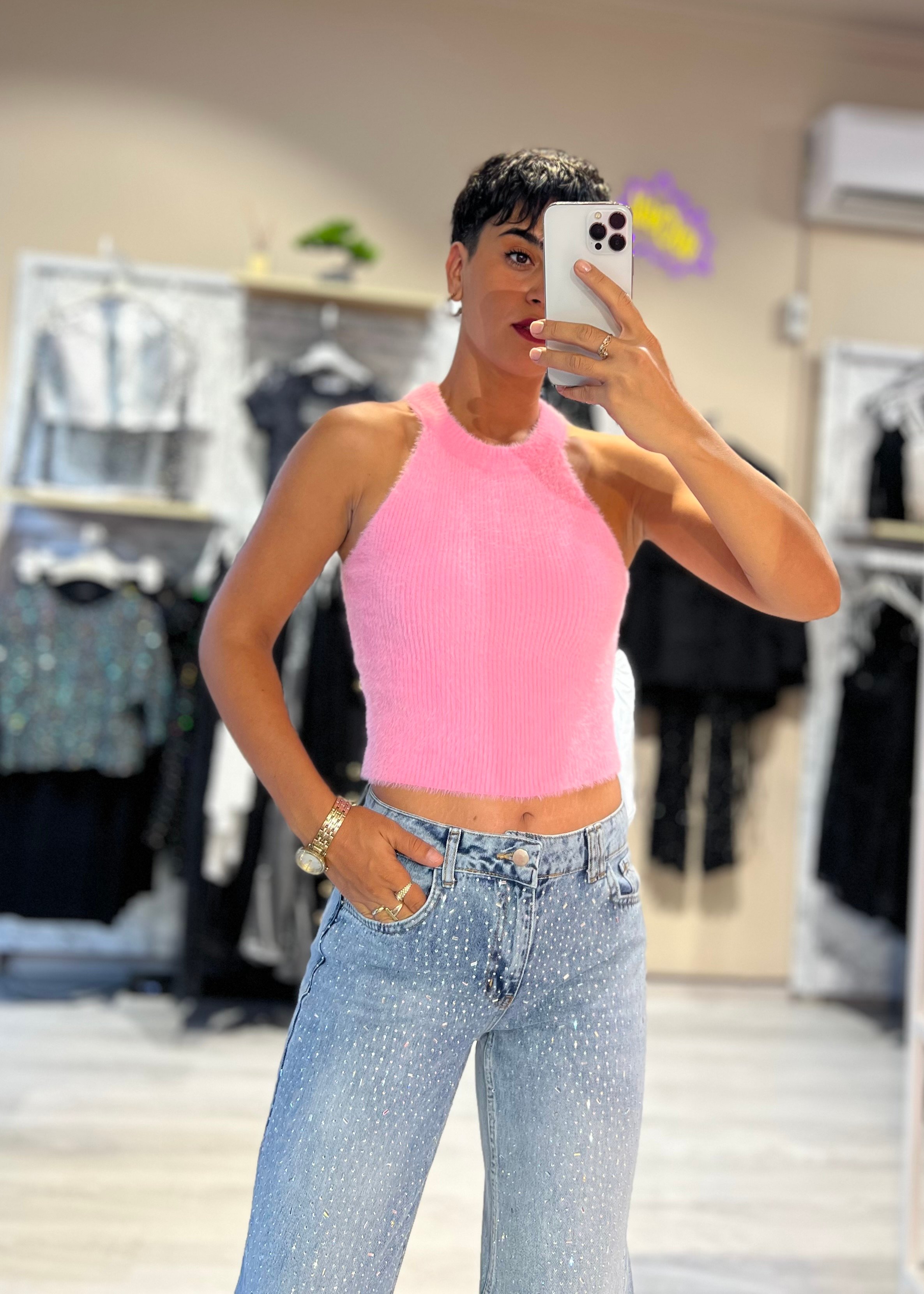Halter Yaka Yumoş Bluz - PEMBE