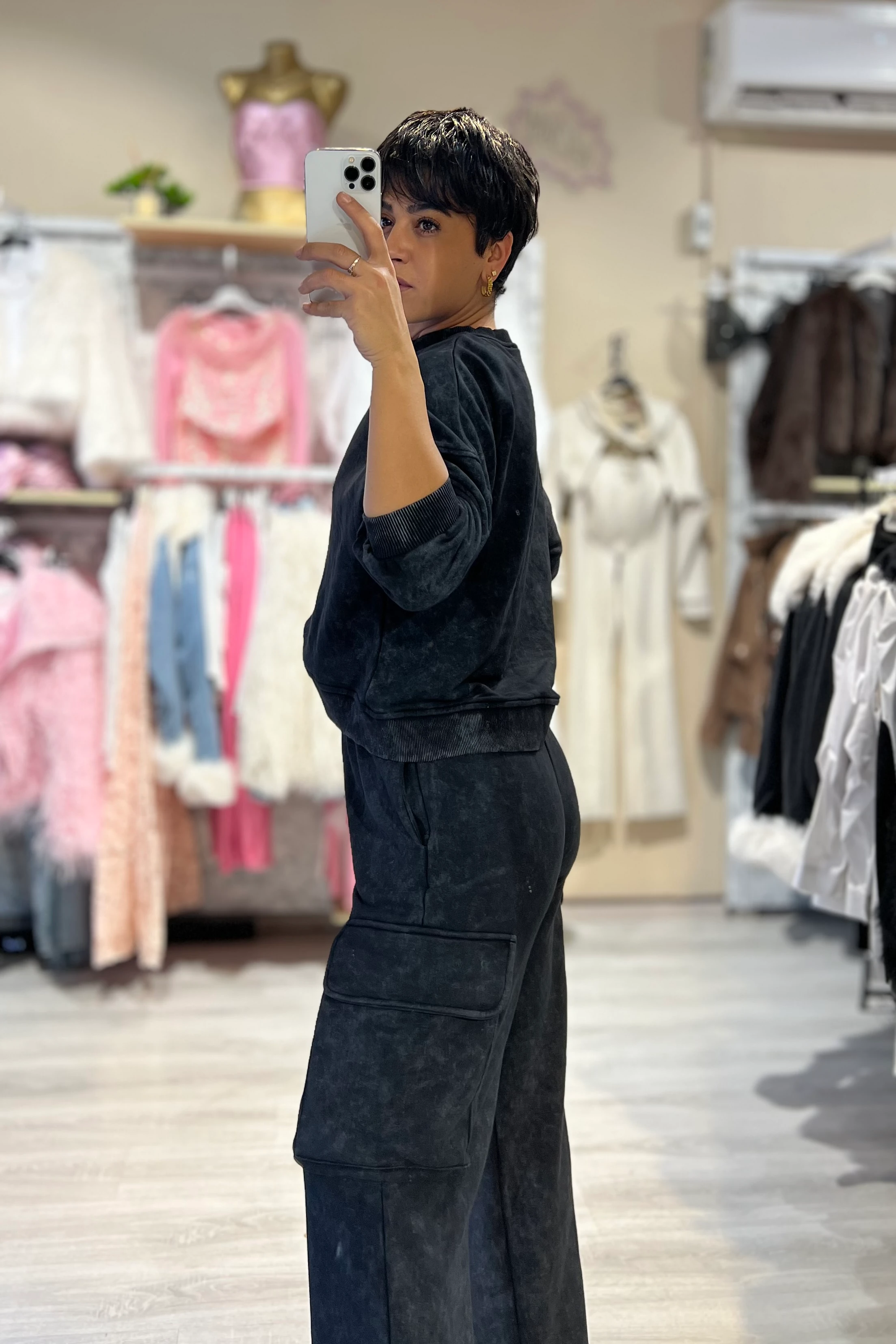 Siyah Yıkamalı 3’lü Kargo Cepli Eşofman Takımı 