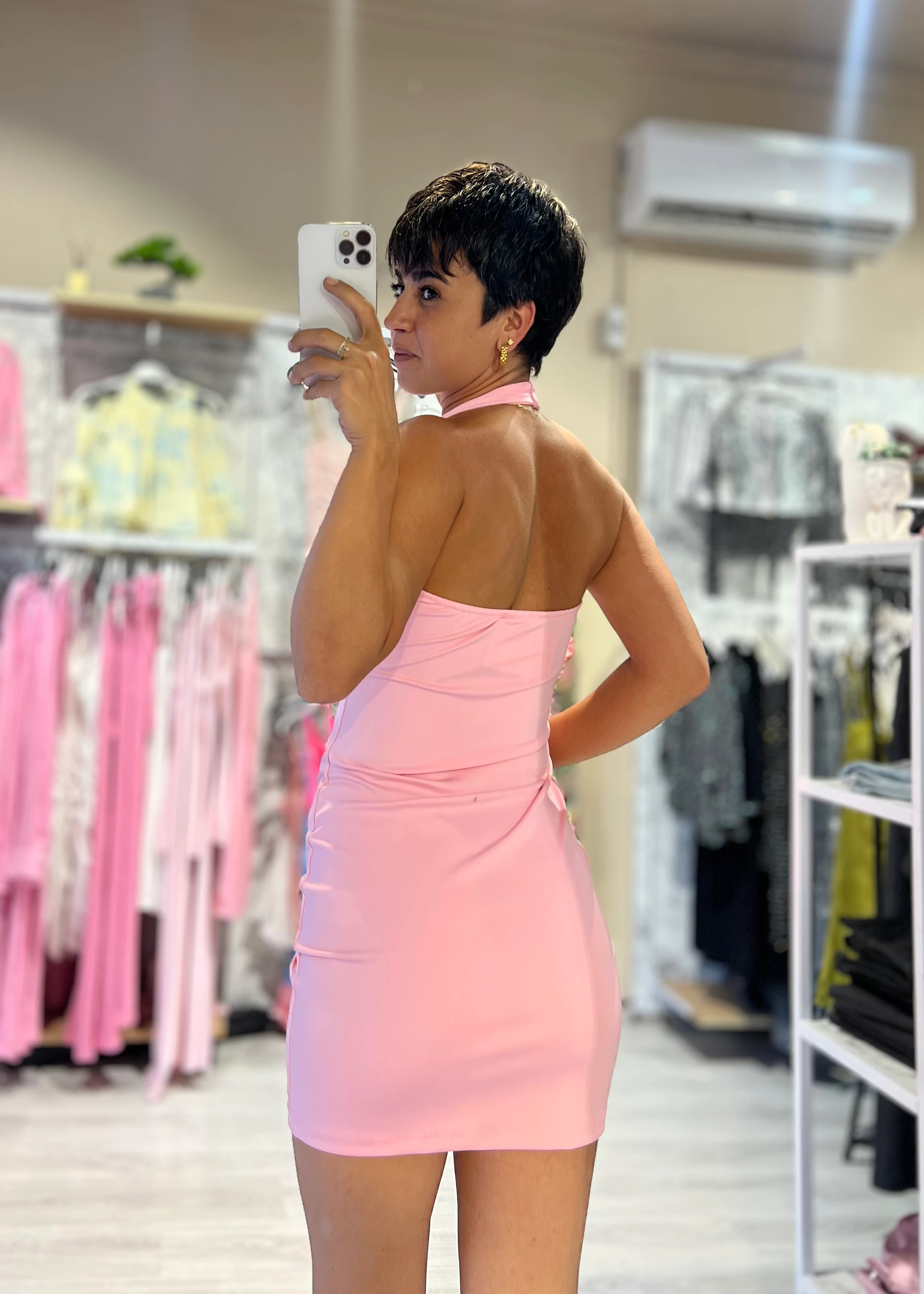 Sırt Dekolteli Dalgıç Kumaş Elbise - PEMBE