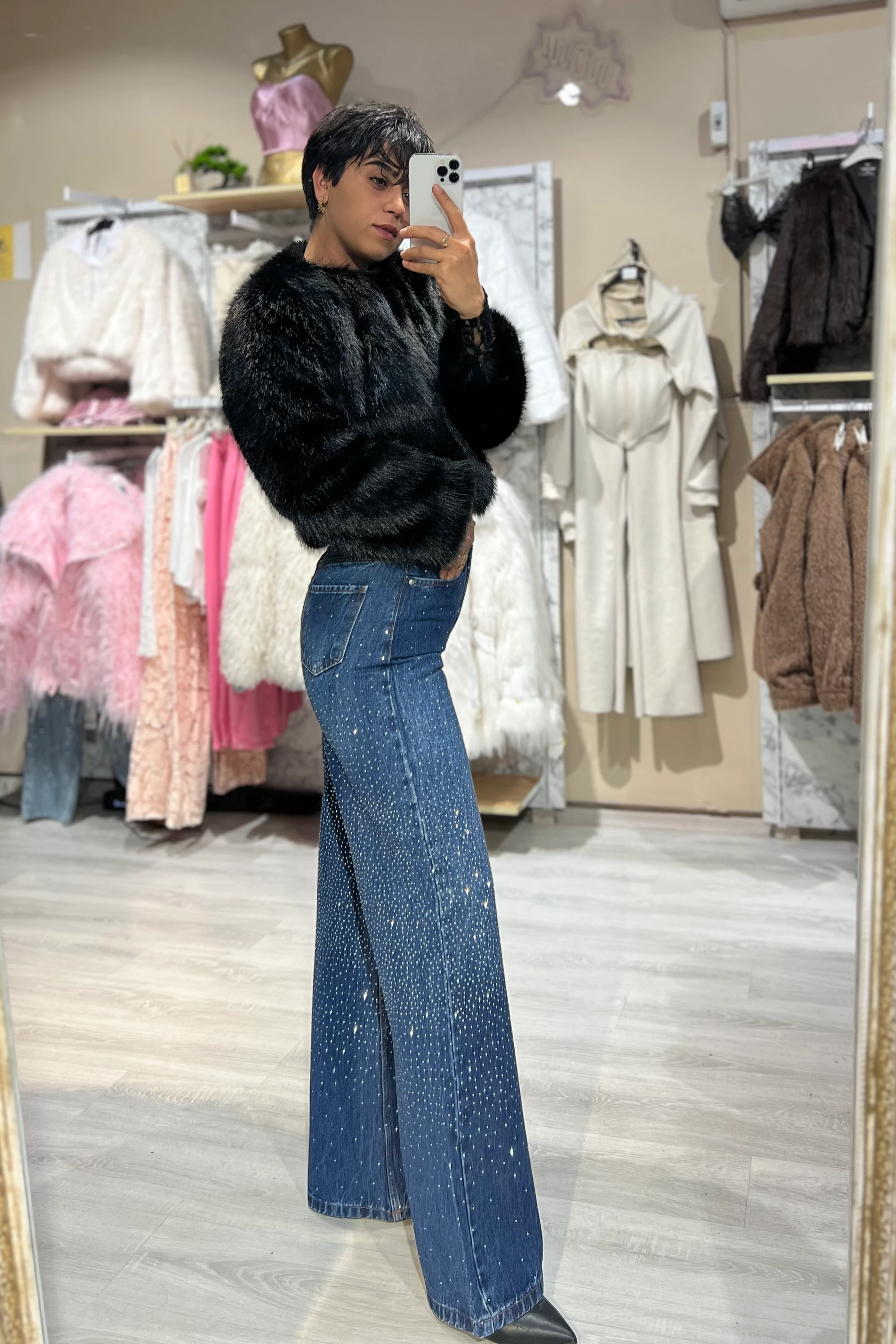 Mavi Ful Taşlı Palazzo Jean Pantolon 