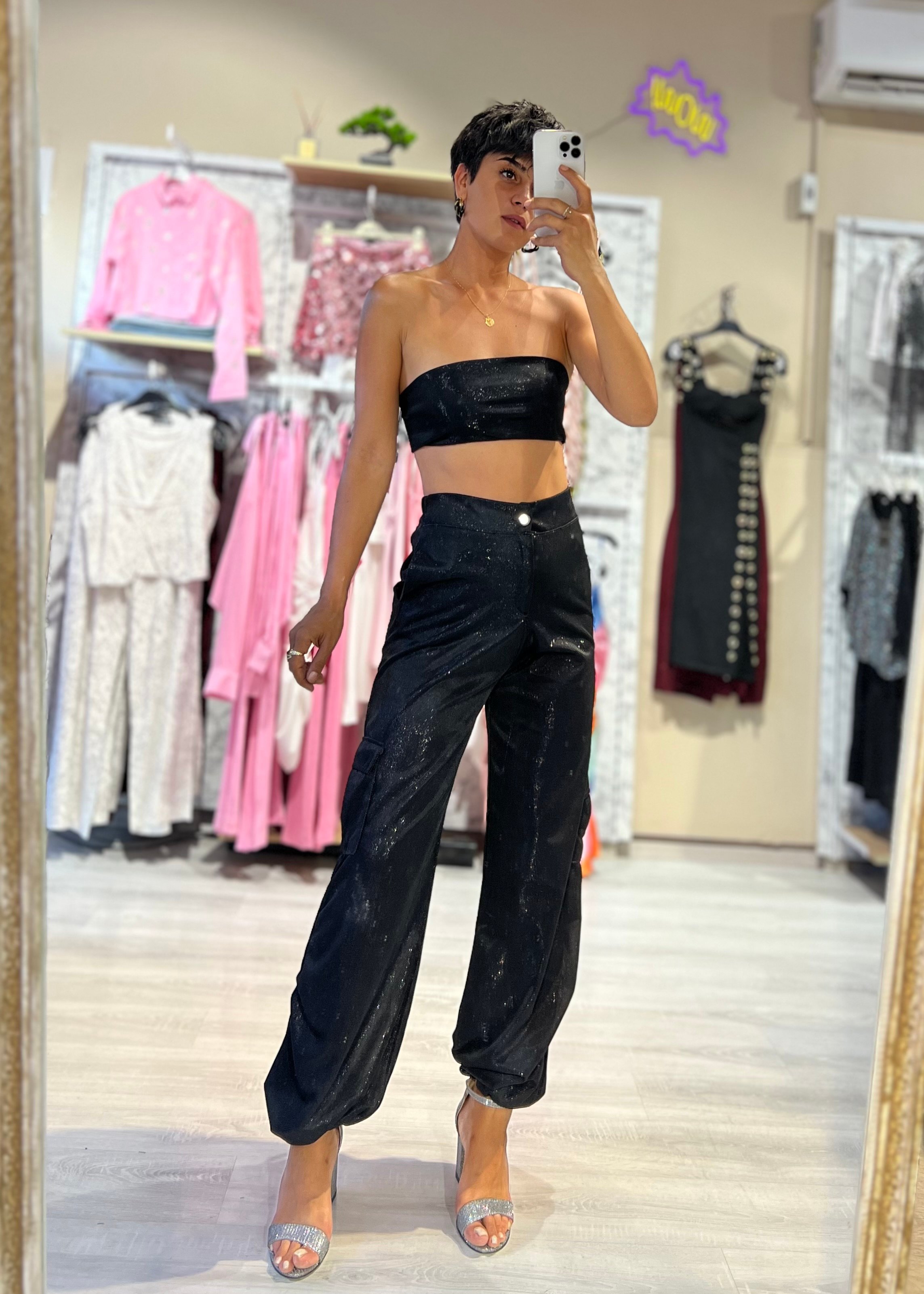 Parka Işıltılı Tasarım Crop Top & Pantolon Takım - SİYAH