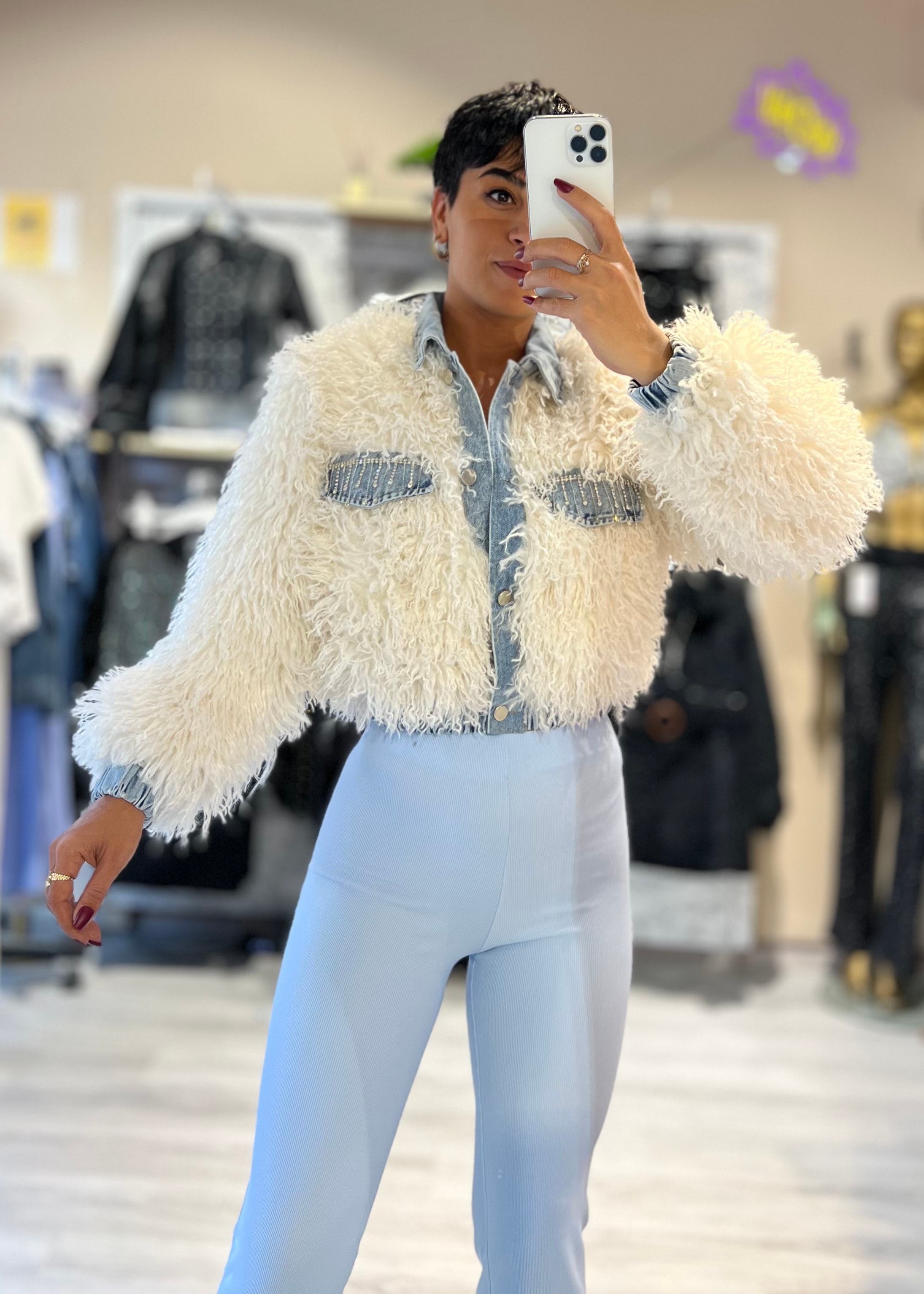 Premium Özel Tasarım Taş Detaylı Denim Garnili Süni Kürk Mont - MAVİ