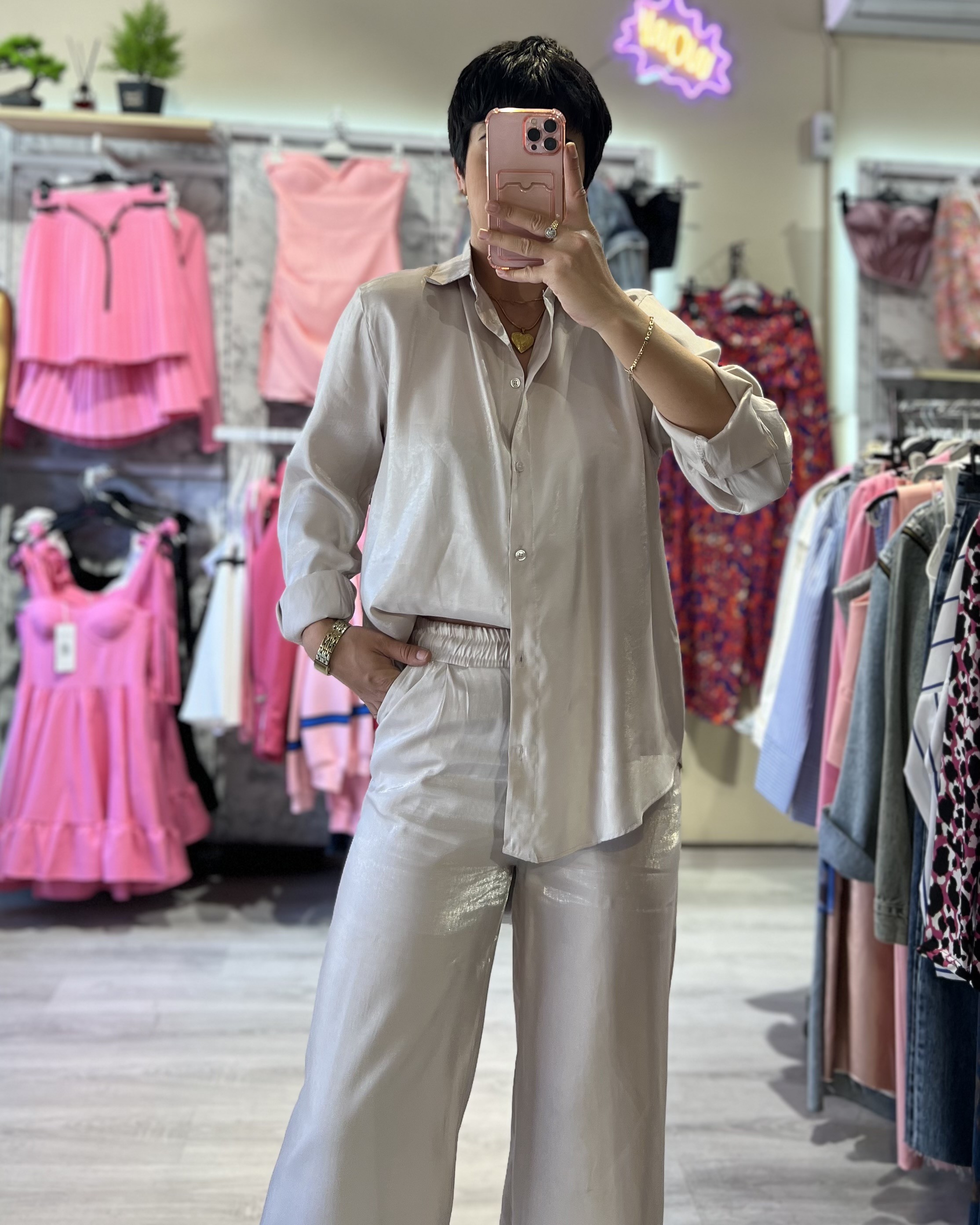 Bej Saten Gömlek & Pantolon Takım