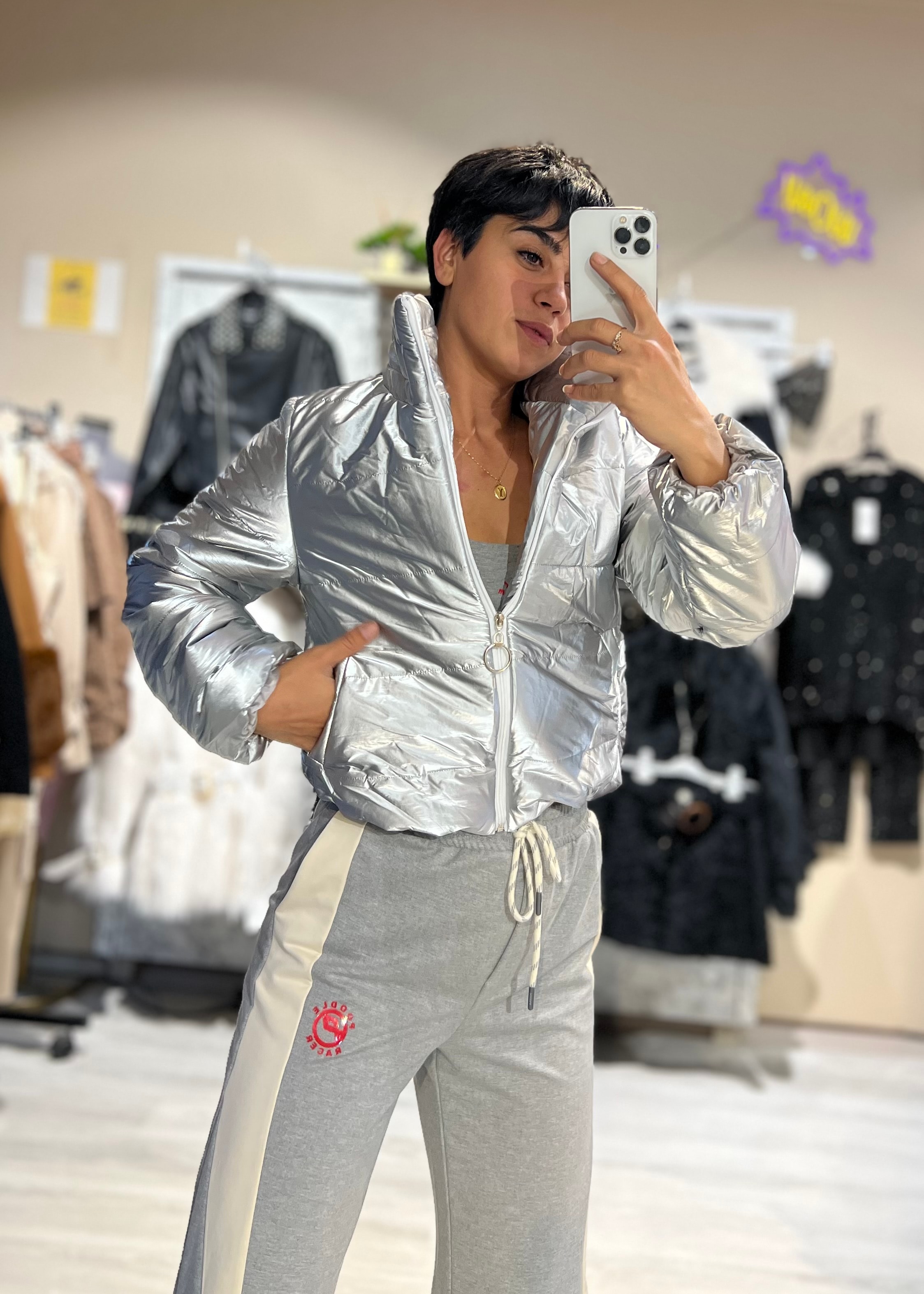 Metalik Gri Crop Şişme Mont 