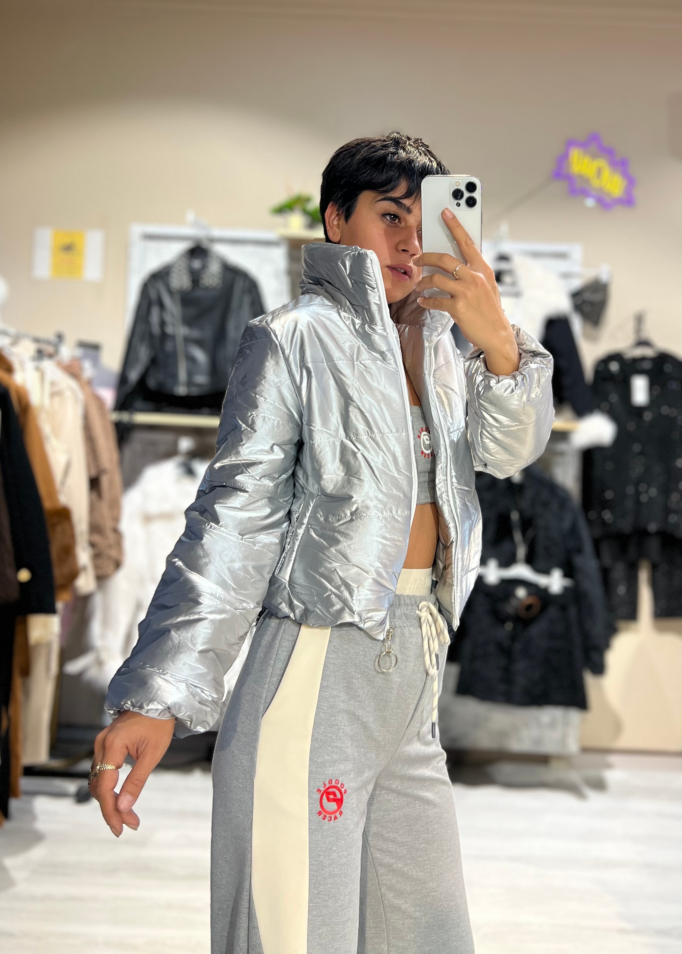 Metalik Gri Crop Şişme Mont 