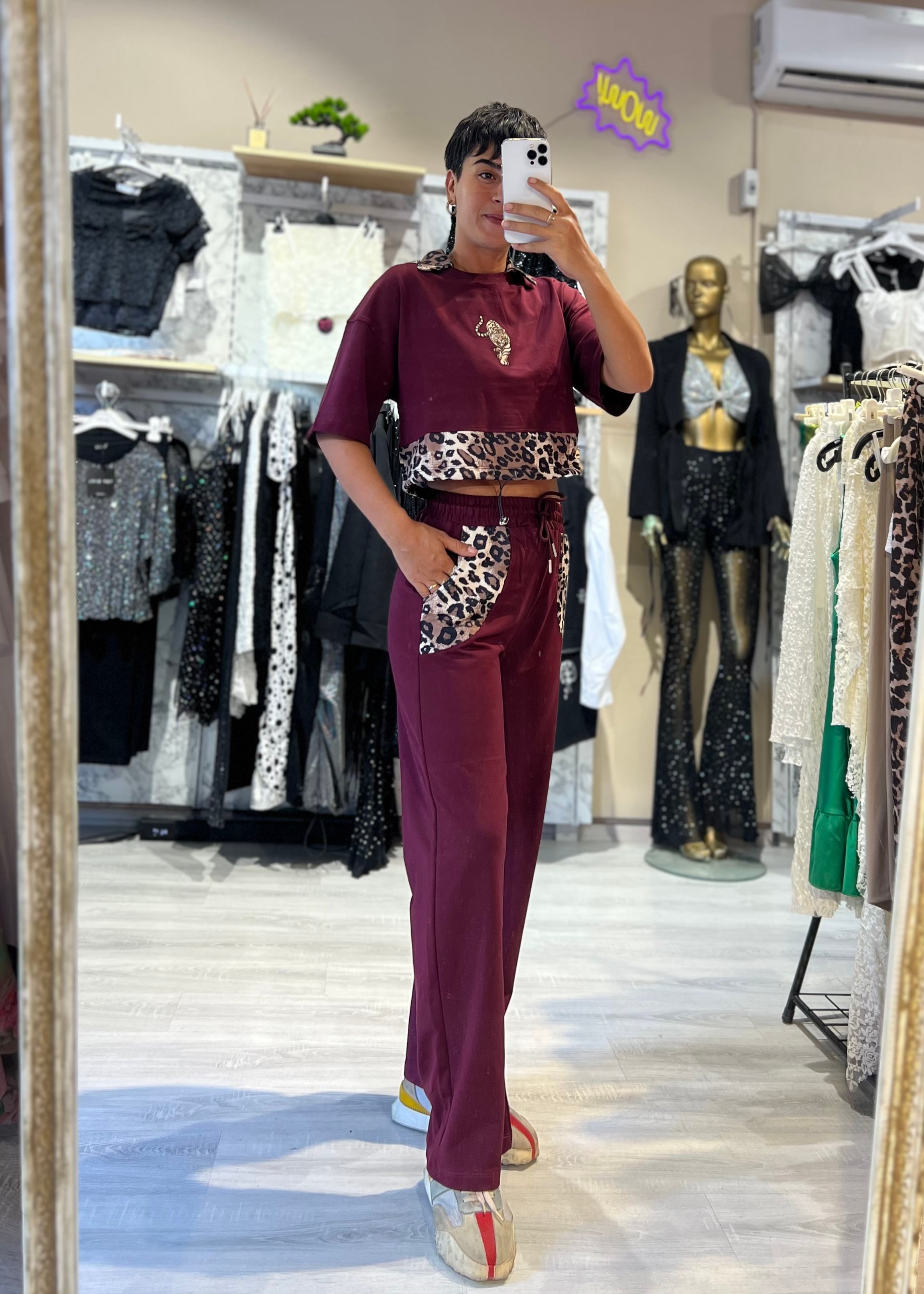 Bordo Leopar Detaylı 2'Li Eşofman Takımı