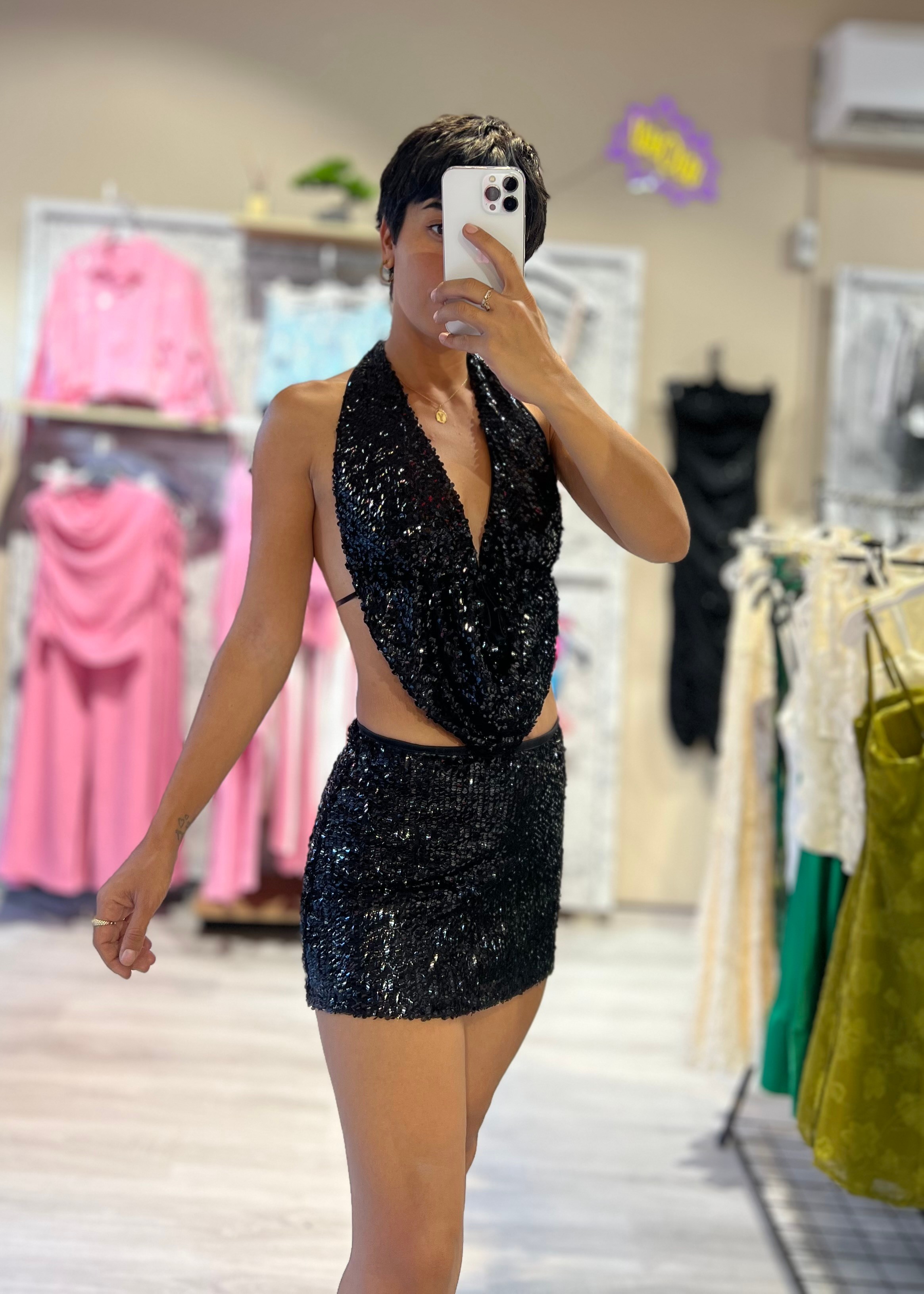 PulPayet Beli Lastikli Mini Etek - SİYAH