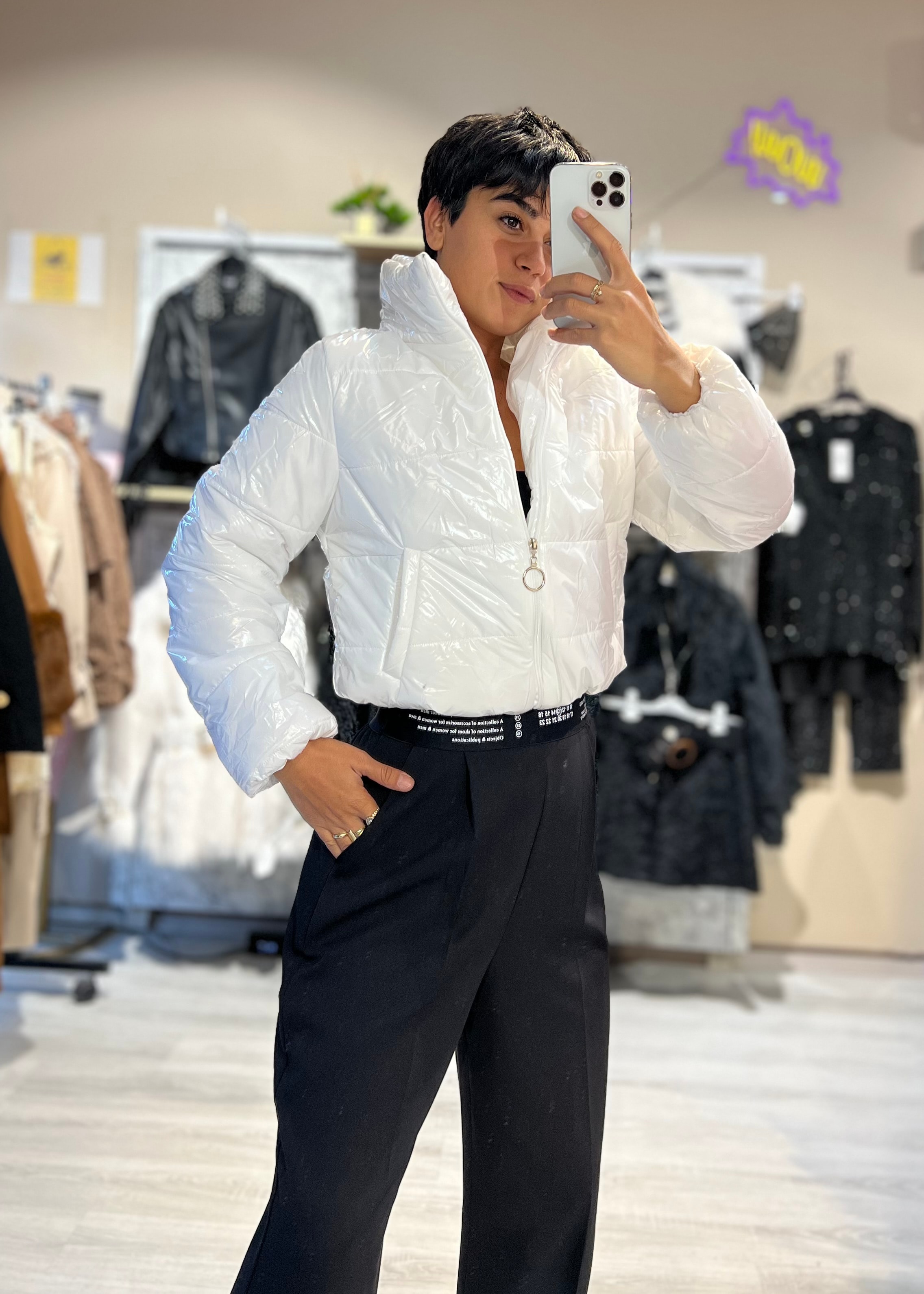 Parlak Dik Yaka Crop Şişme Mont
