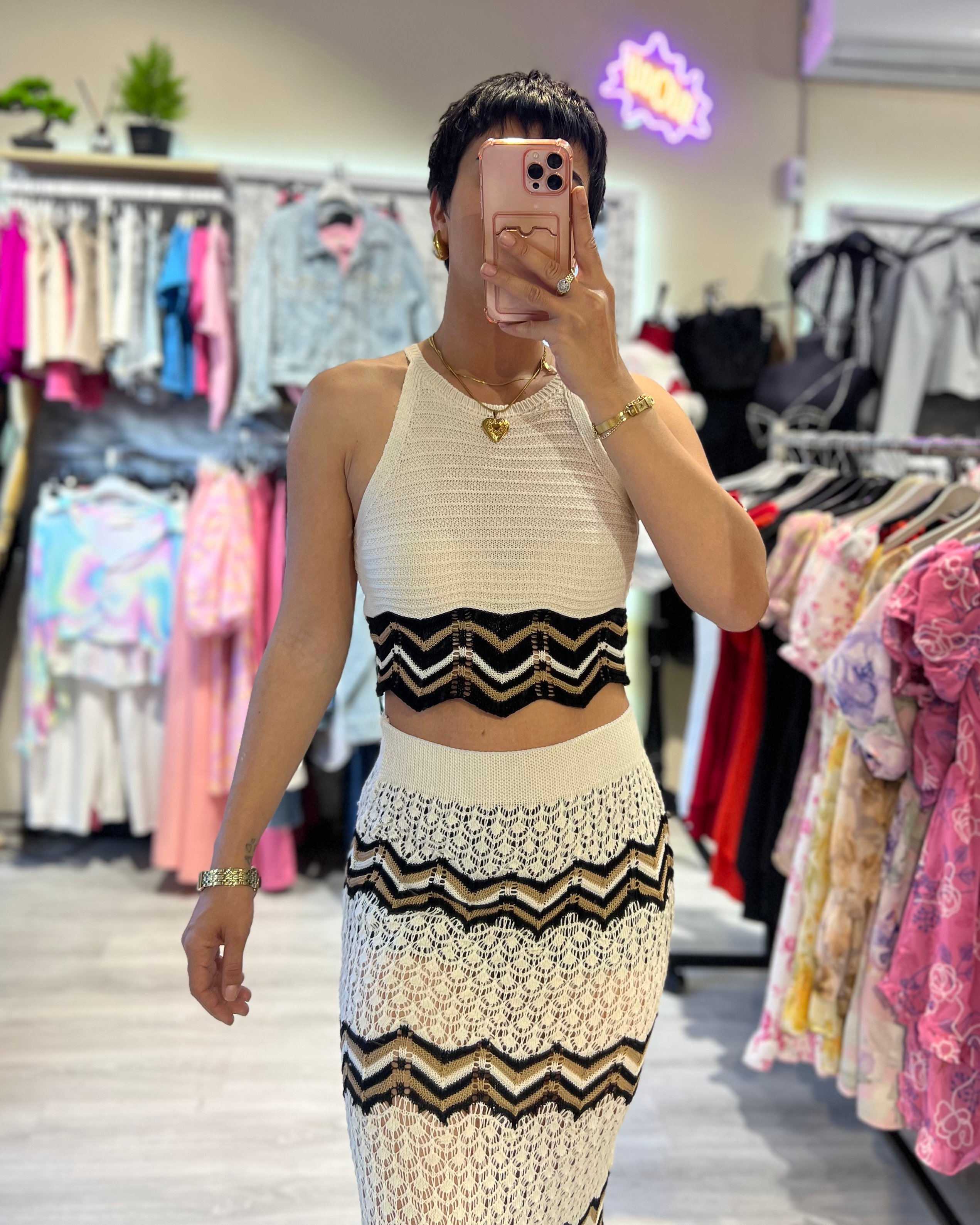 Marka Model Ajurlu Örme Triko Halter Yaka Crop & Etek Takım