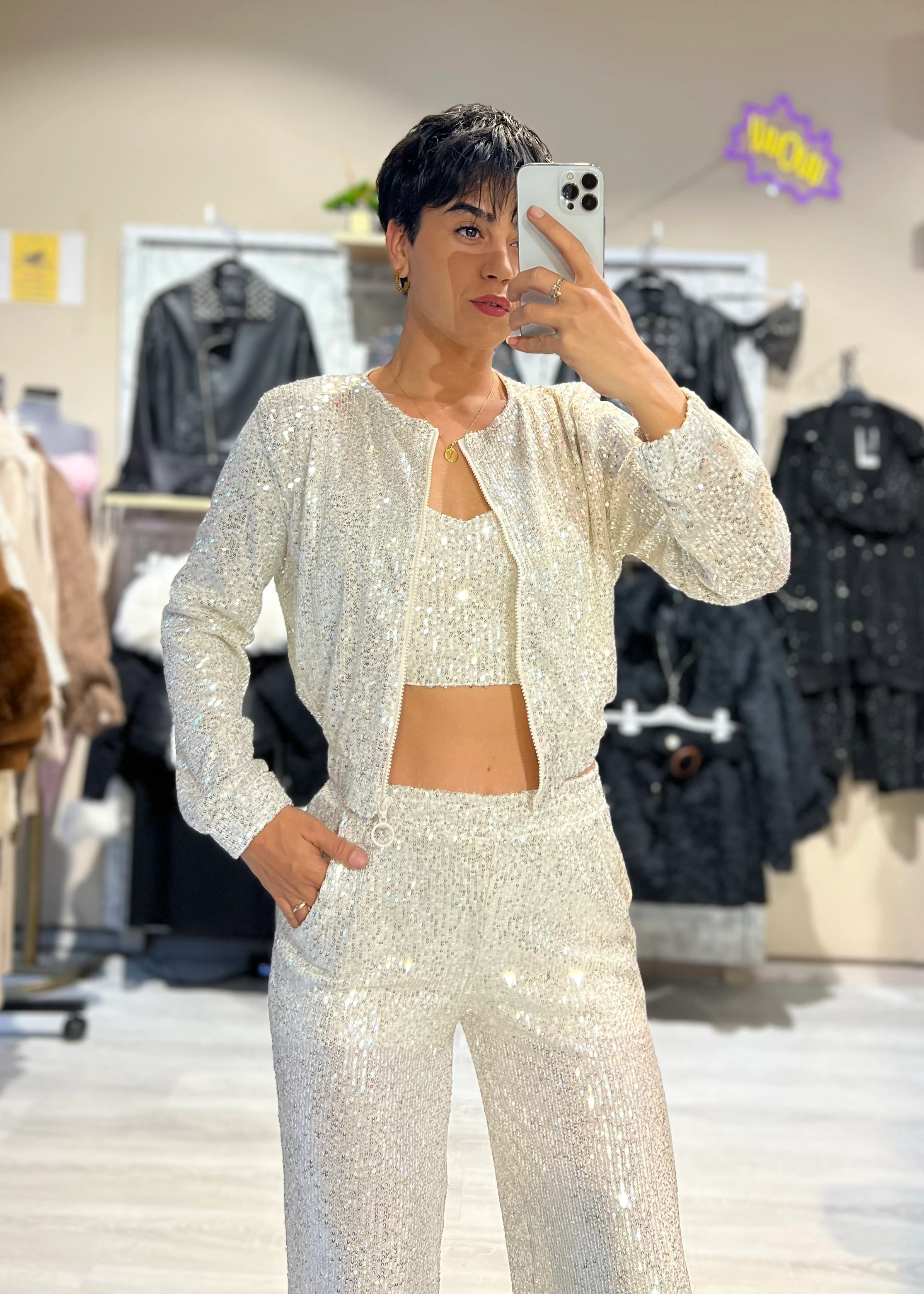 Luxury PulPayet Ceket Büstiyer Pantolon 3’Lü Takım - SİLVER