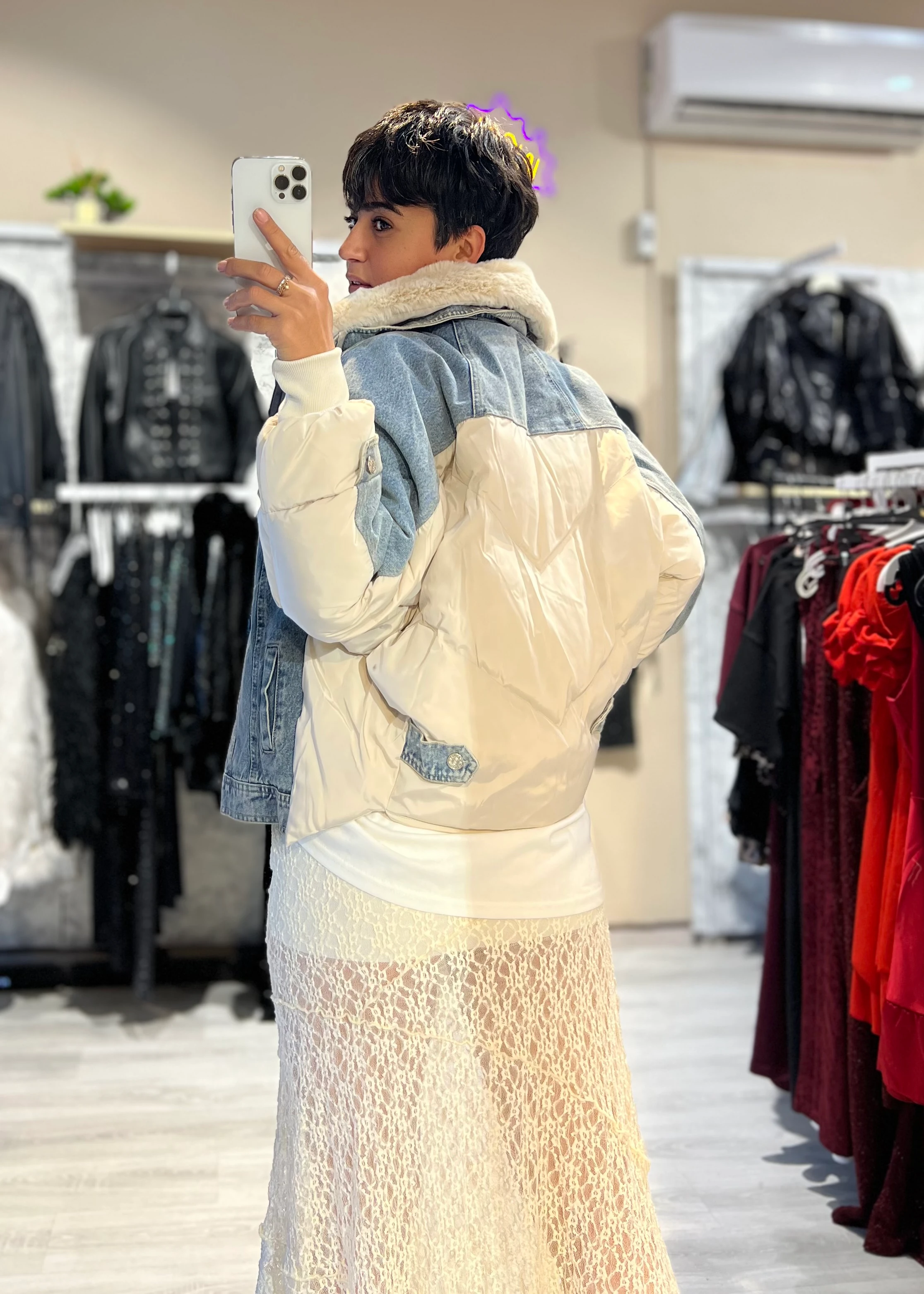 Özel Tasarım Denim Detaylı Şişme Mont