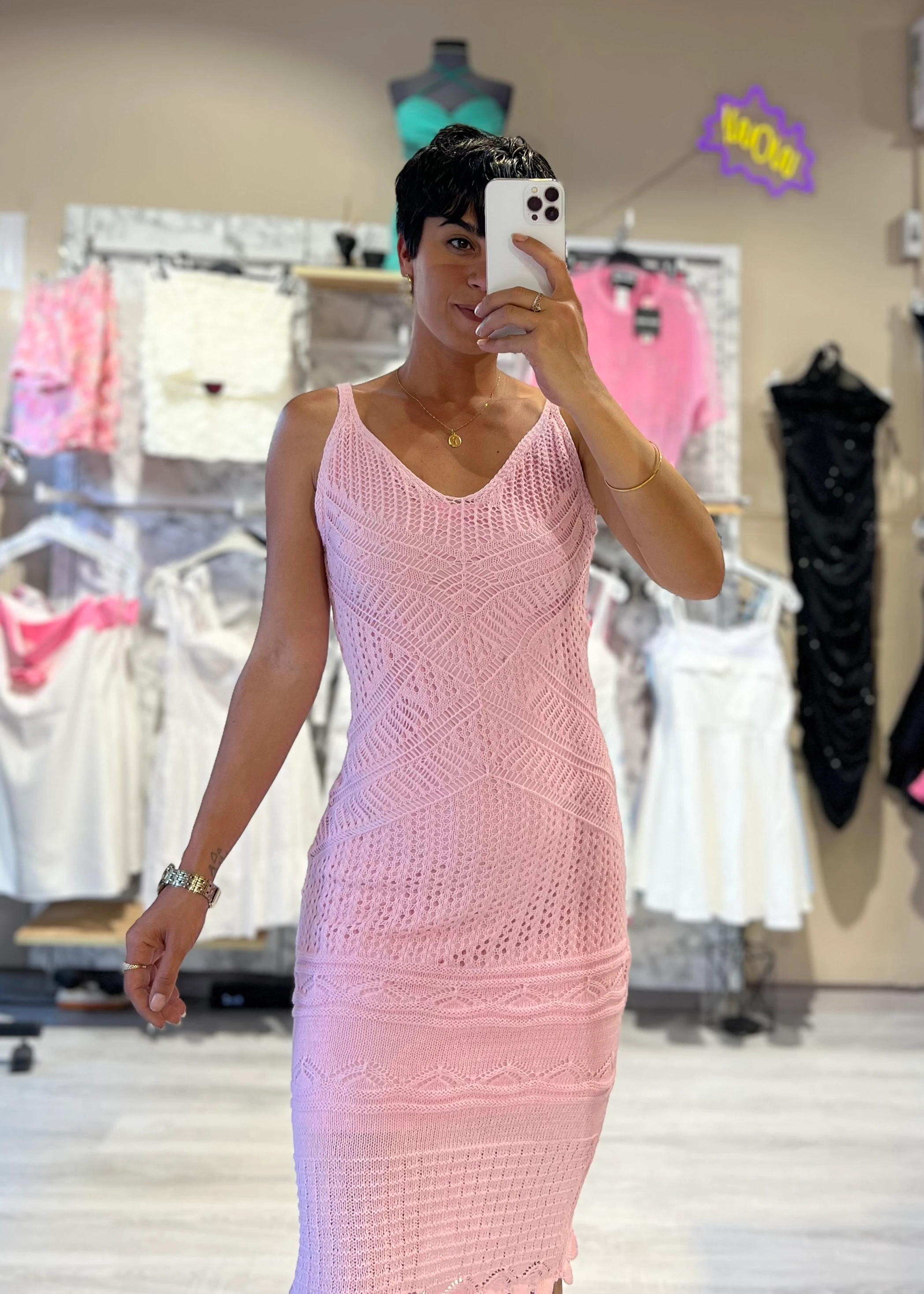 Örme V Yaka Günlük Elbise - PEMBE